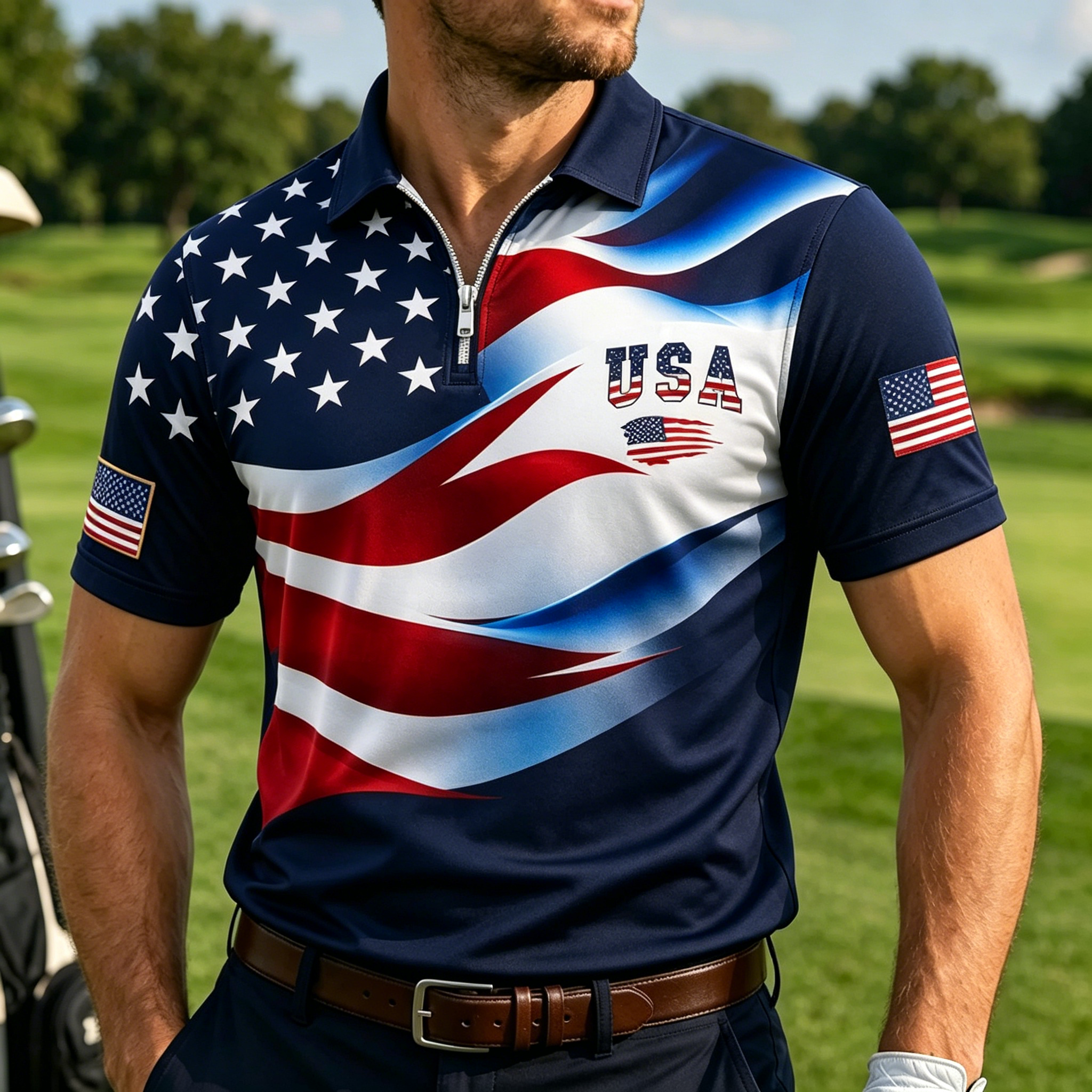 Men Fashion Spliced USA Flag Short Sleeve Quick Dry Athletic Golf Polo Shirt