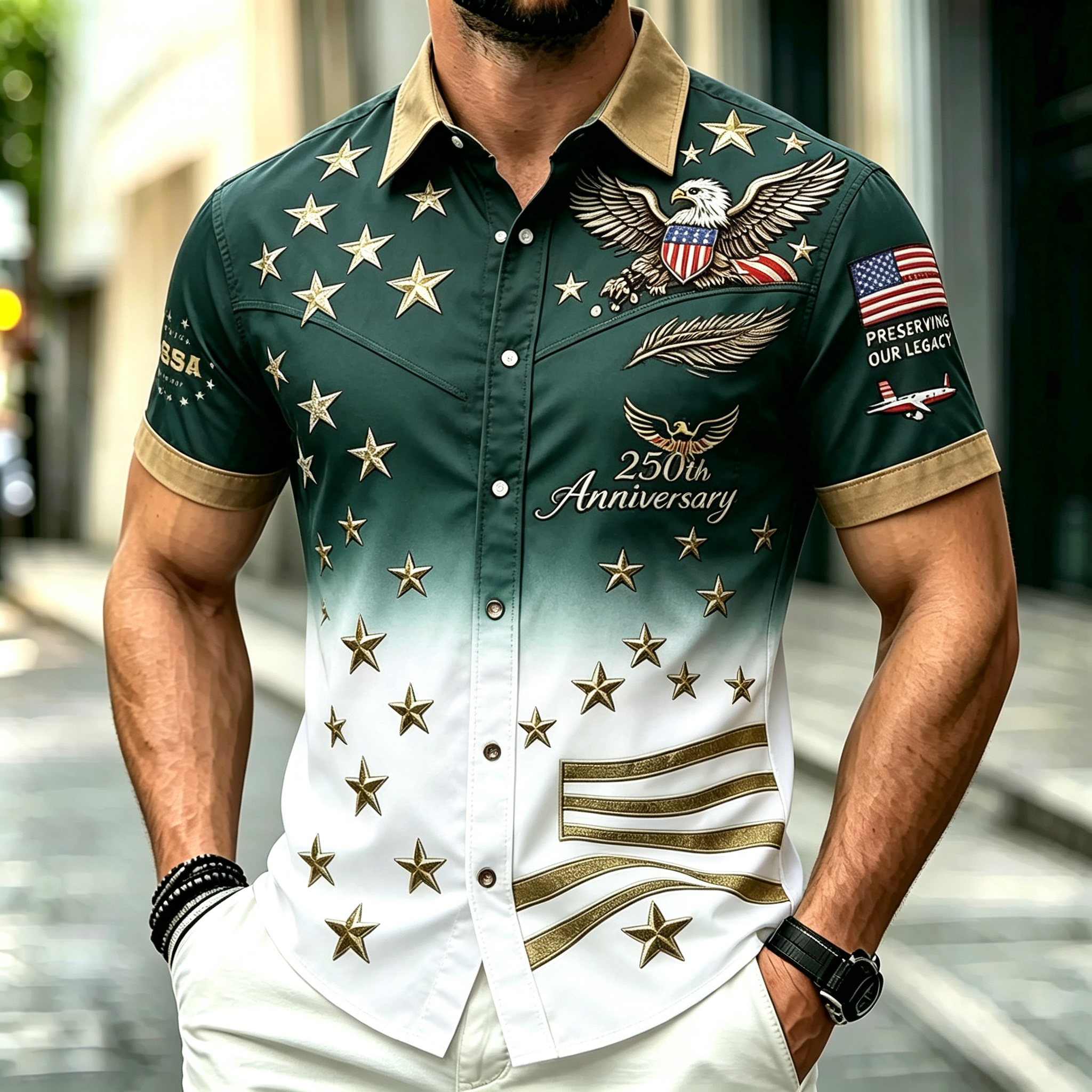 Men Gradient Eagle Star USA Flag 250th Anniversary Short Sleeve Button Down Shirt