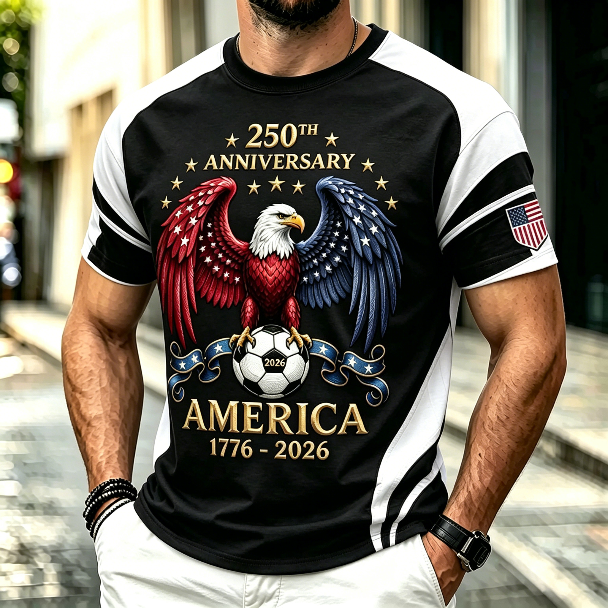 Patriotic Eagle American Flag Wing Print Sleeve Patch Casual Crew Neck Sports Tee