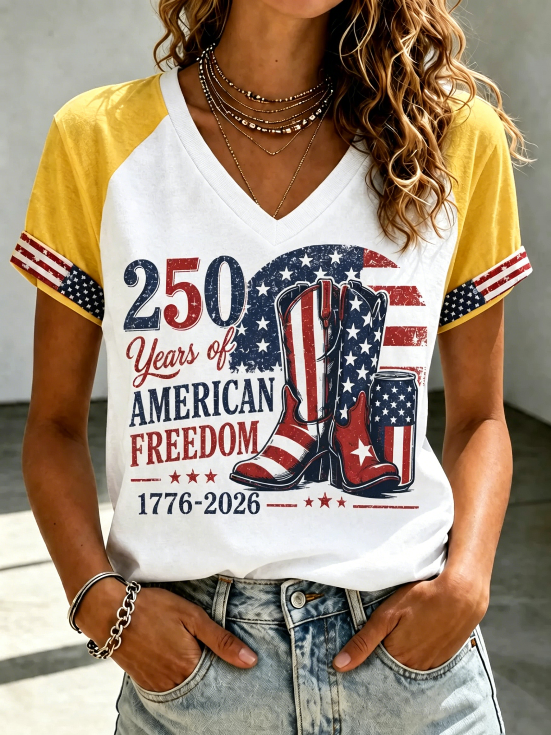 Women's 250 Years of American Freedom Cowboy Boots Print Raglan V Neck Short Sleeve Tee