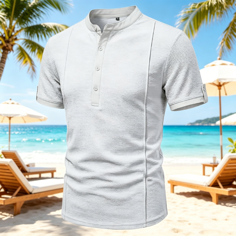 Men's Rib Knit Henley Top - Ruched Stripe Contrast Binding