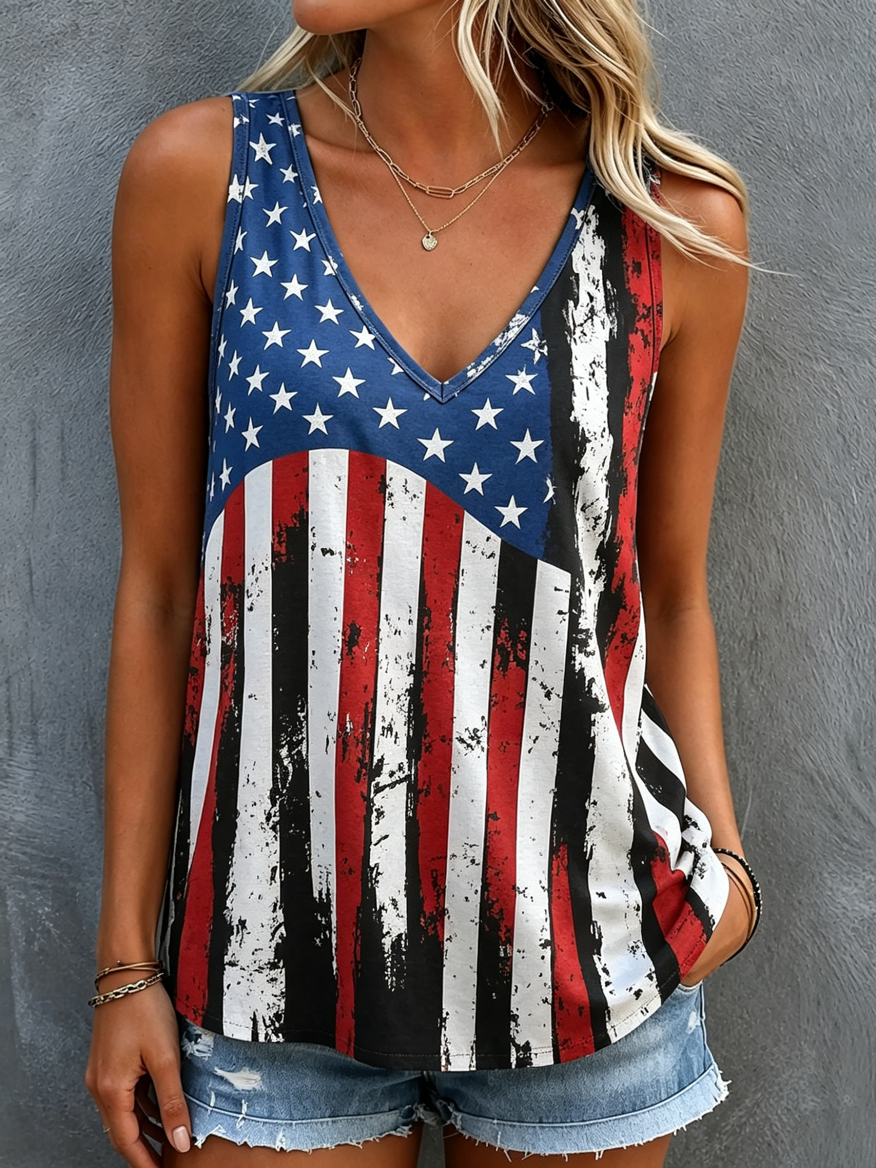 Independence Day Patriotic Flag Print Tank Top, Women’s V-Neck Sleeveless Casual Top