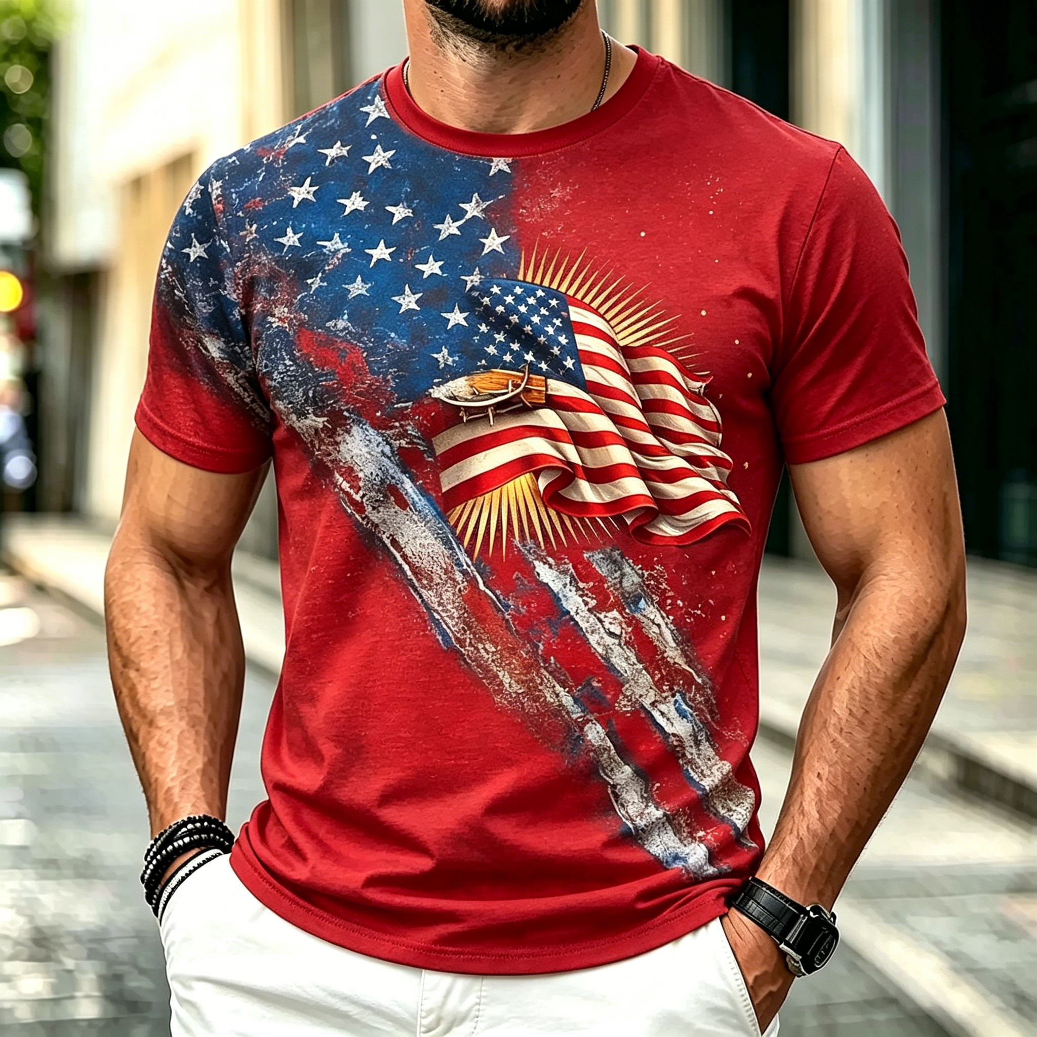 Retro Cross & Lion American Flag Independence Day Casual Top