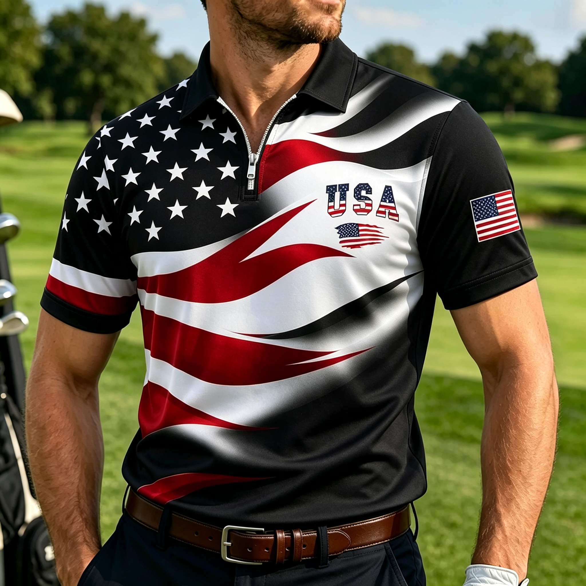 Men Fashion Spliced USA Flag Short Sleeve Quick Dry Athletic Golf Polo Shirt