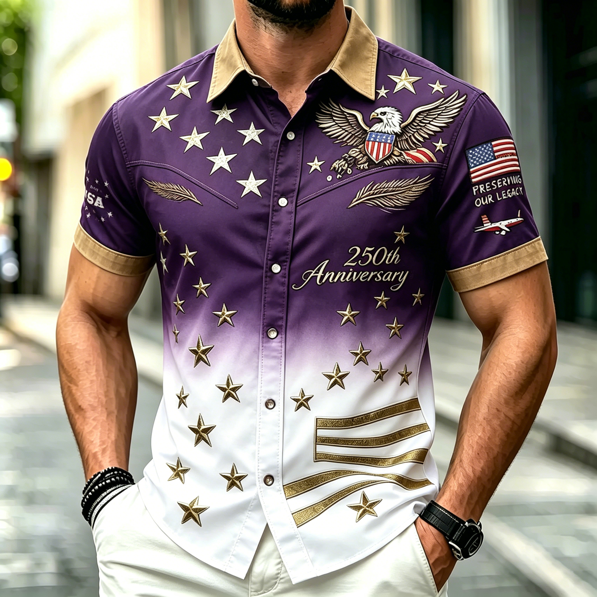 Men Gradient Eagle Star USA Flag 250th Anniversary Short Sleeve Button Down Shirt