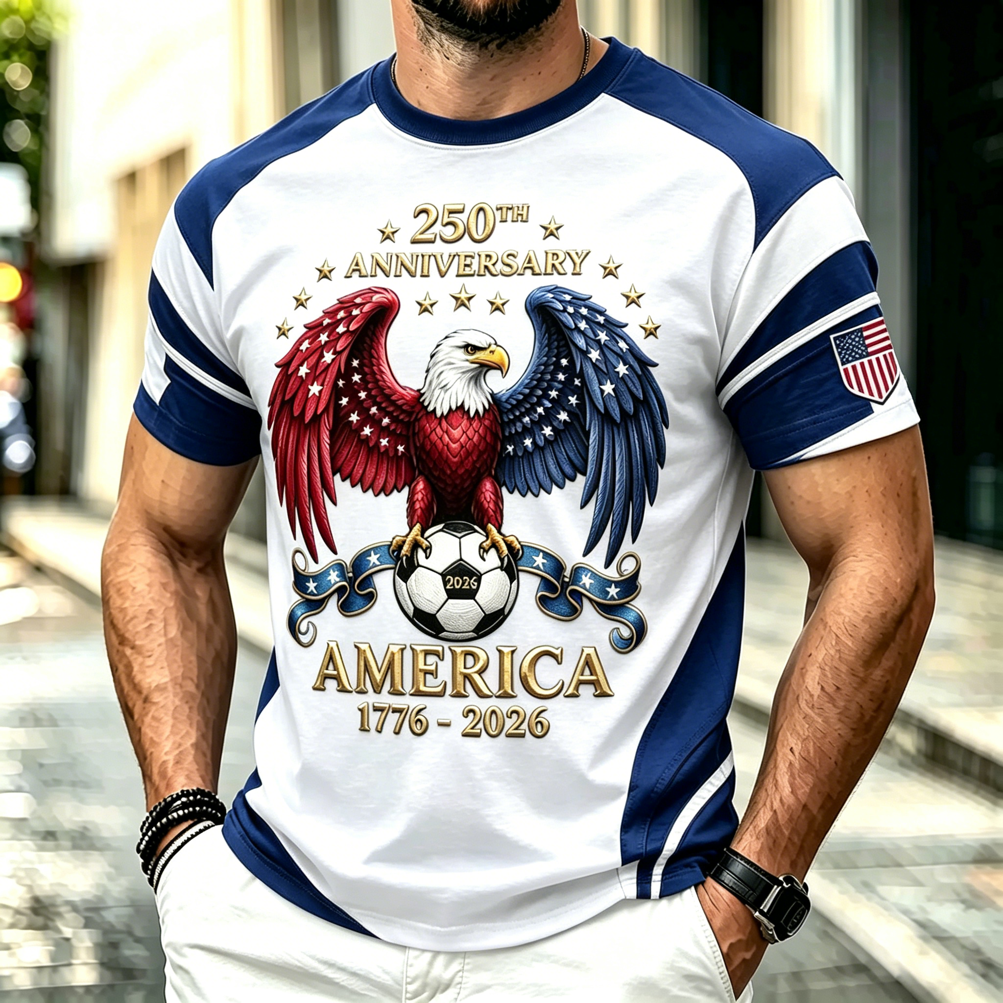 Patriotic Eagle American Flag Wing Print Sleeve Patch Casual Crew Neck Sports Tee