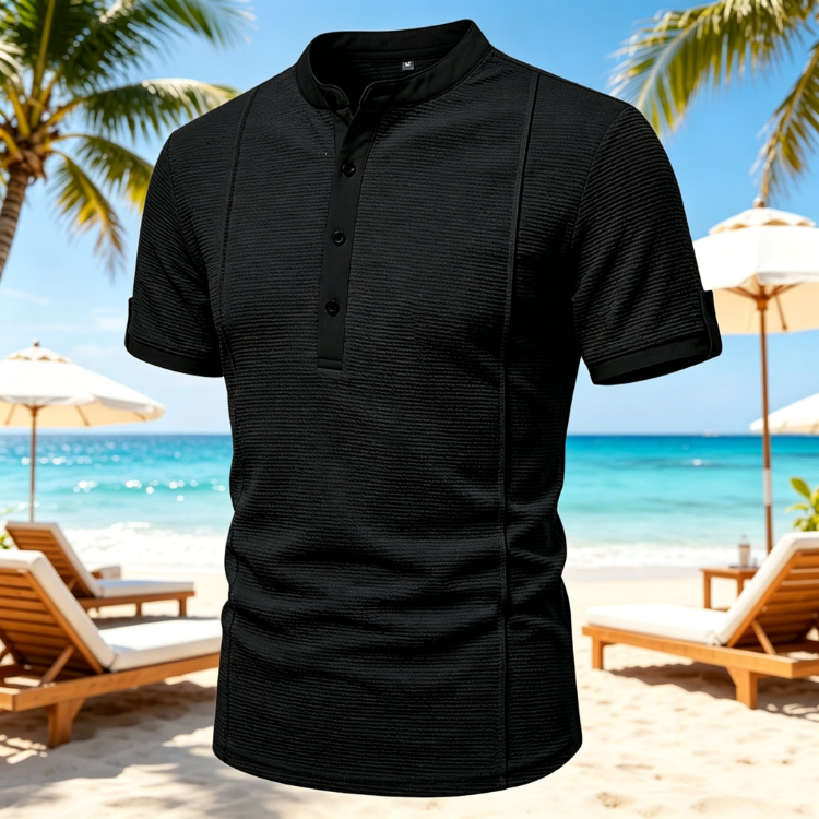 Men's Rib Knit Henley Top - Ruched Stripe Contrast Binding