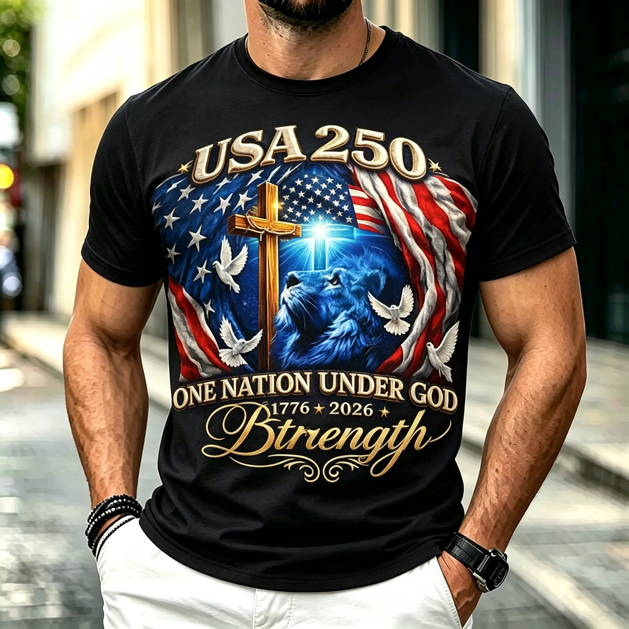 Liberty Faith Strength USA 250th Anniversary Crewneck Tee