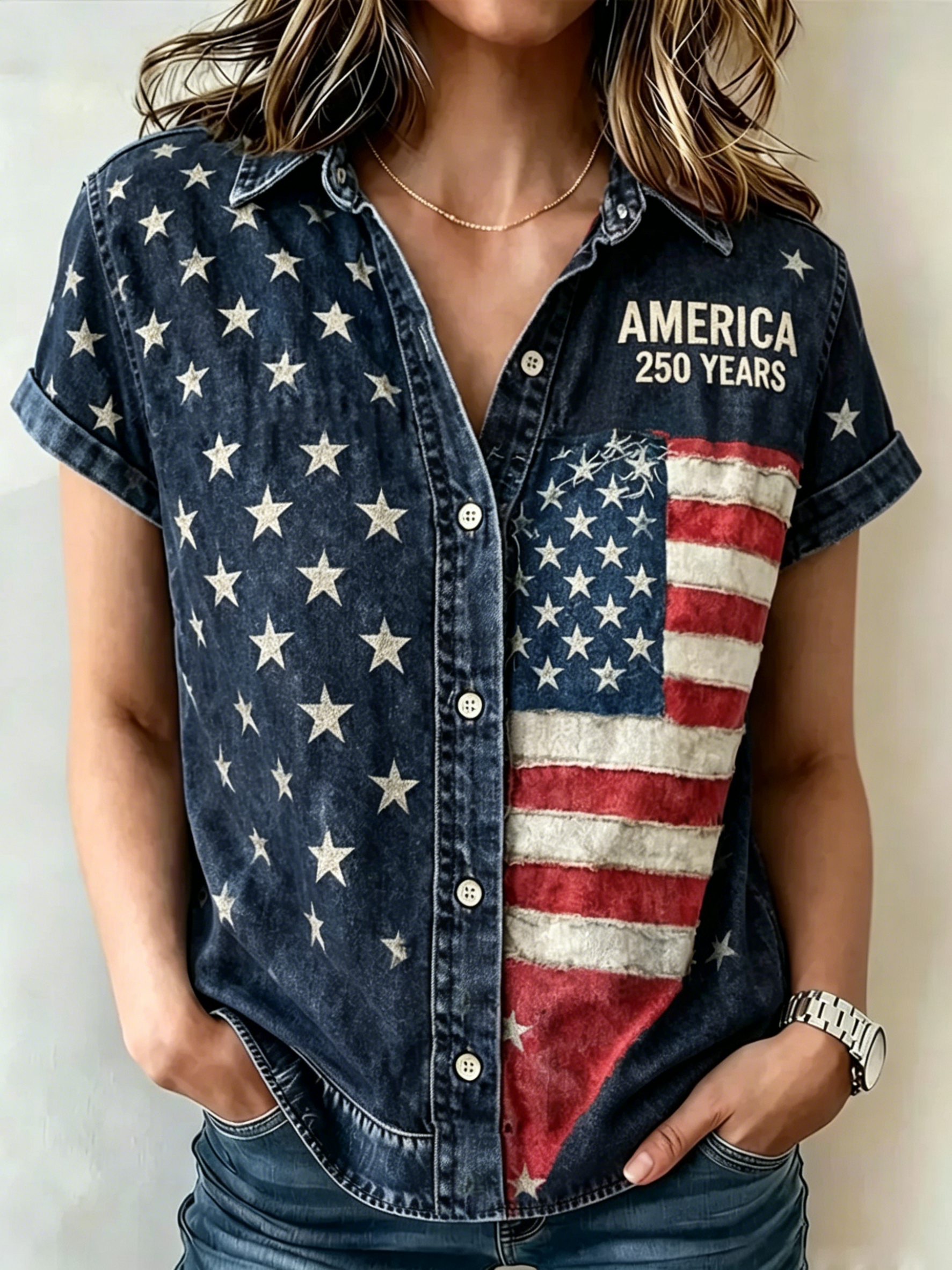 Distressed USA Flag Pocket Casual Streetwear Women Button Down Blouse