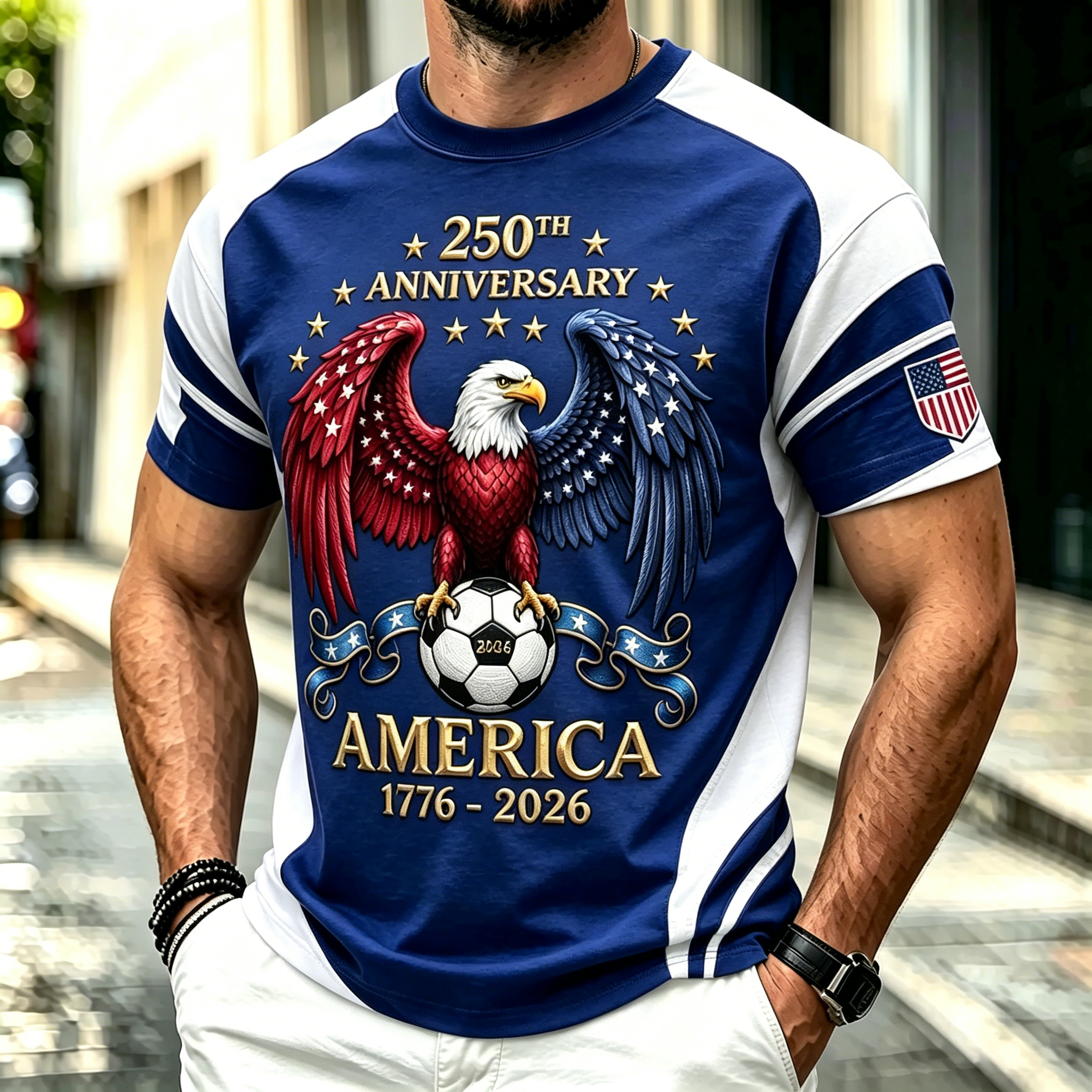 Patriotic Eagle American Flag Wing Print Sleeve Patch Casual Crew Neck Sports Tee