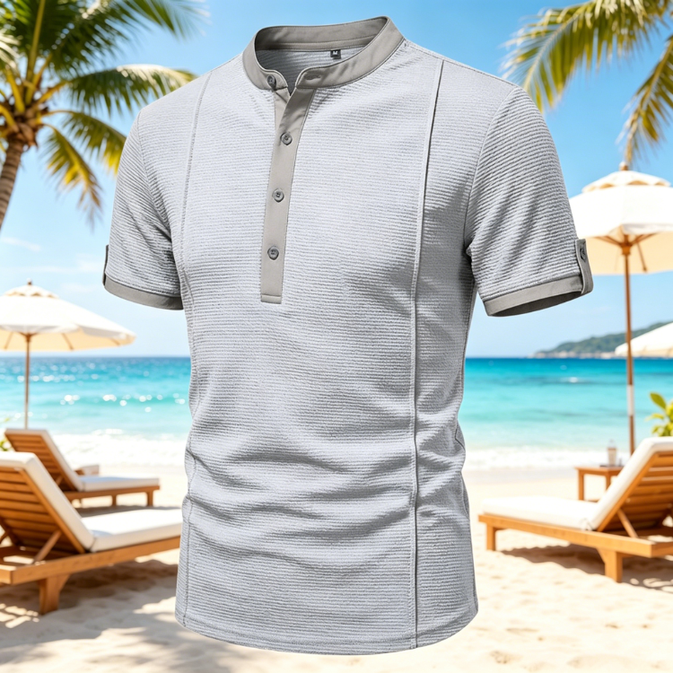 Men's Rib Knit Henley Top - Ruched Stripe Contrast Binding