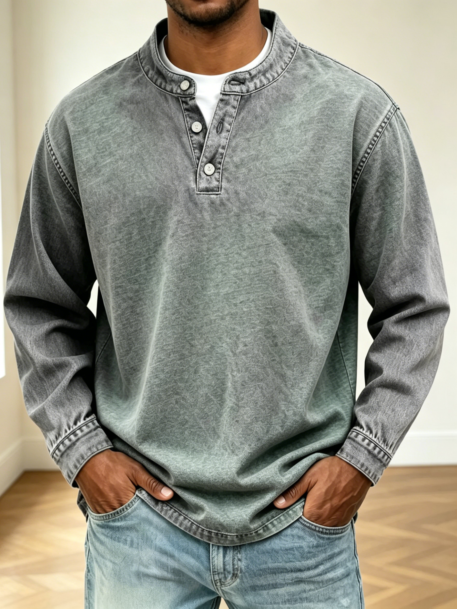 Men Vintage Washed Denim Henley Raglan Long Sleeve Casual Pullover Shir