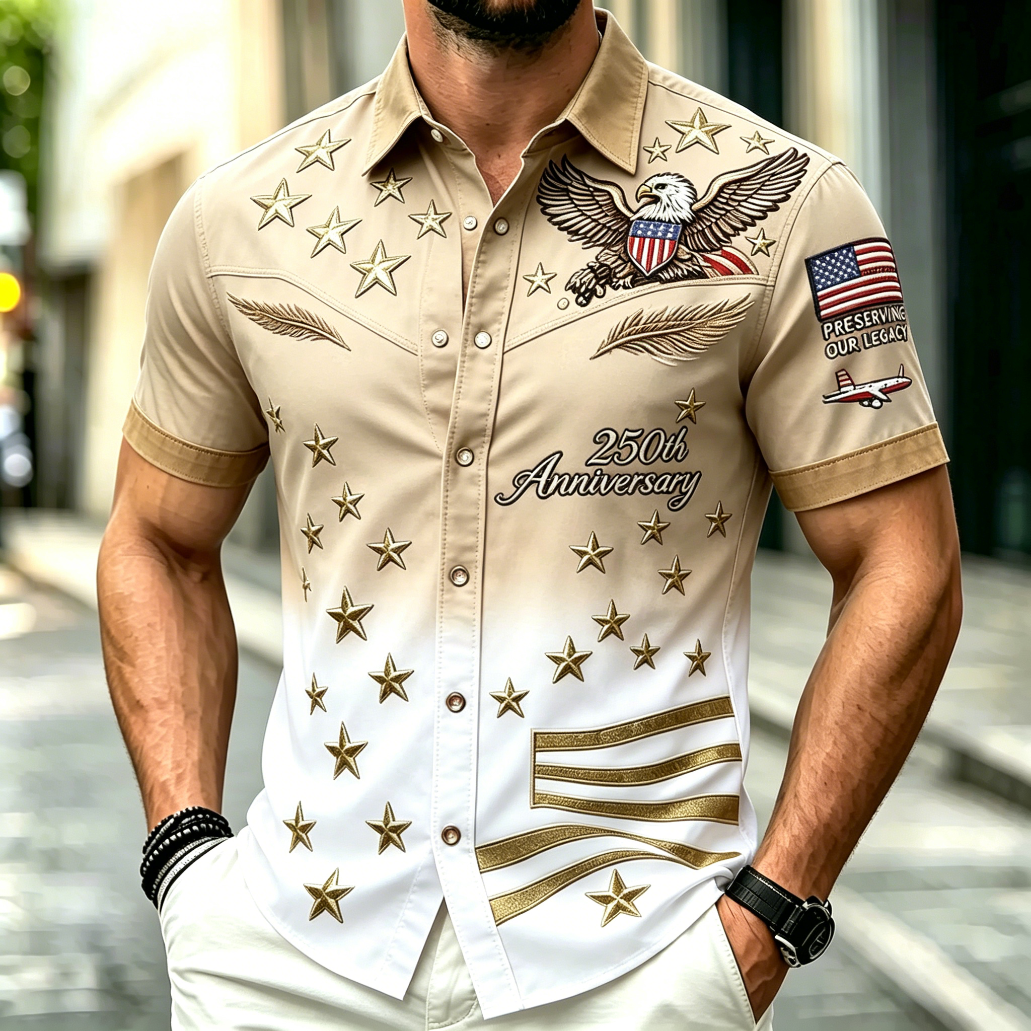 Men Gradient Eagle Star USA Flag 250th Anniversary Short Sleeve Button Down Shirt