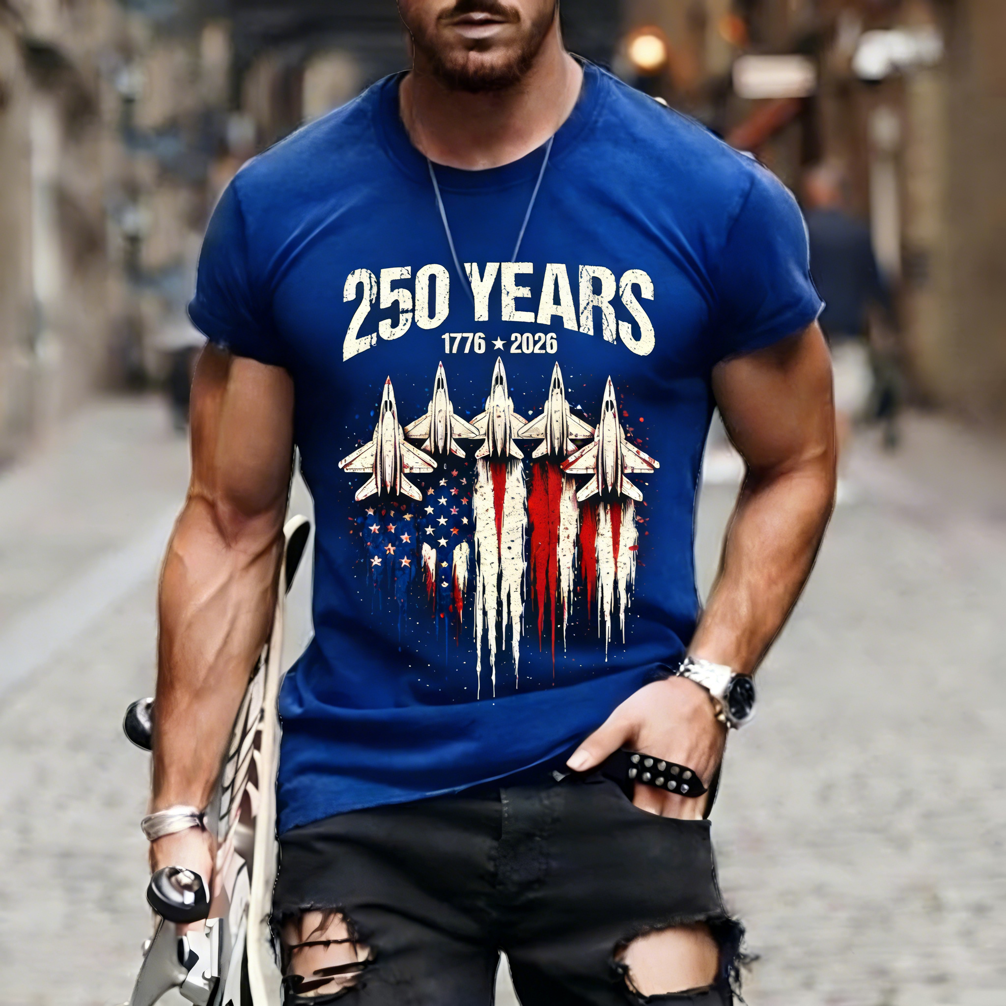 Men's Retro 250th Anniversary of the United States Independence Day Fighter Jet Long Sleeve T-Shirt