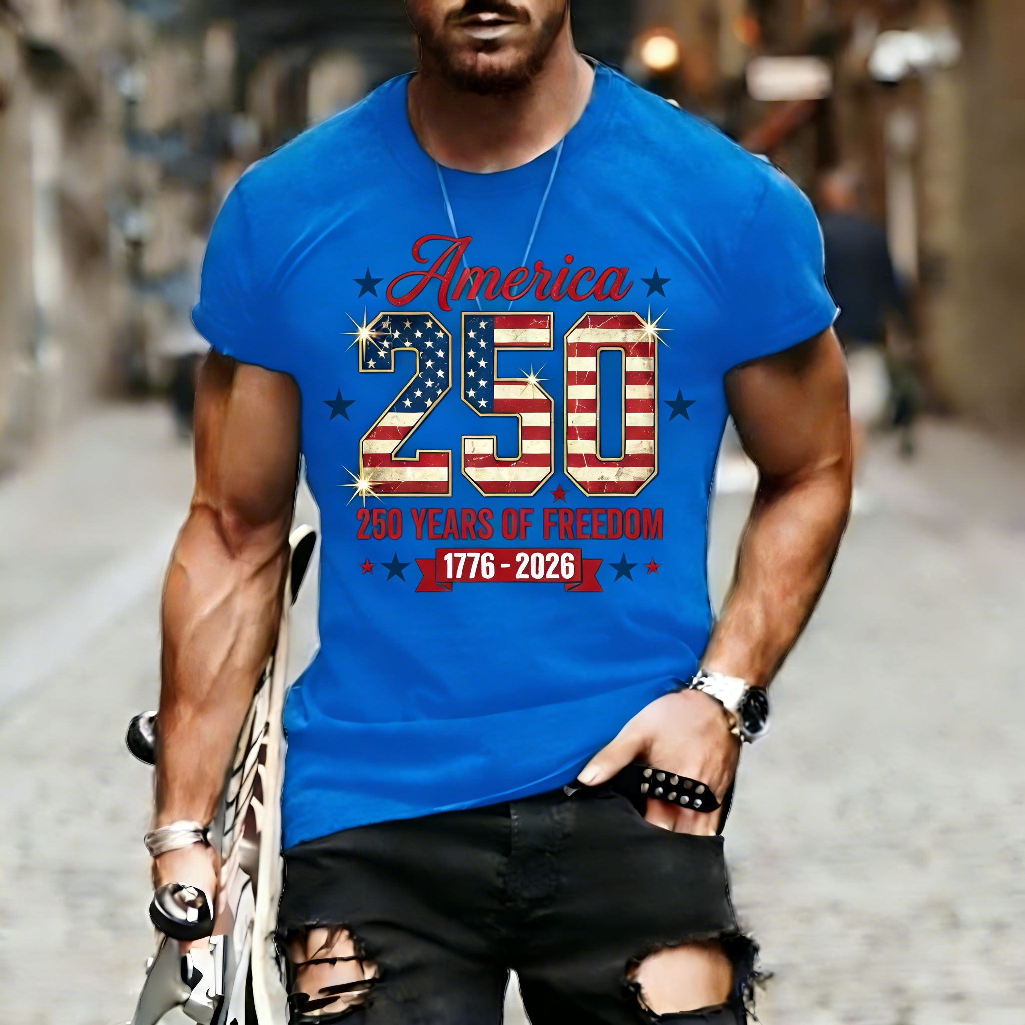 Men's Retro 250th Anniversary of the United States Independence Day America 250 Flag Print T-Shirt