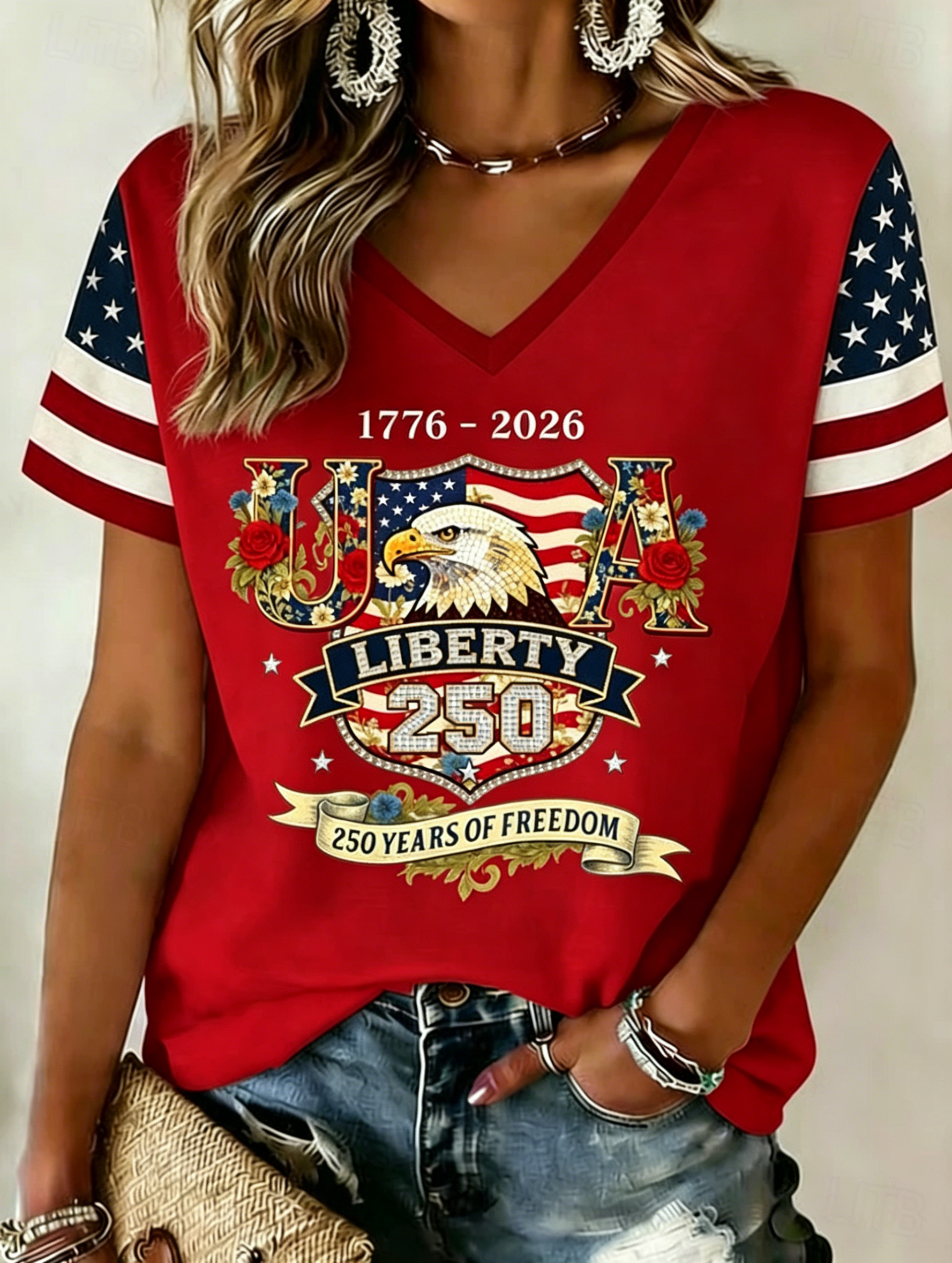 Floral USA Eagle Patriotic V-Neck T-Shirt, Independence Day Short Sleeve Top
