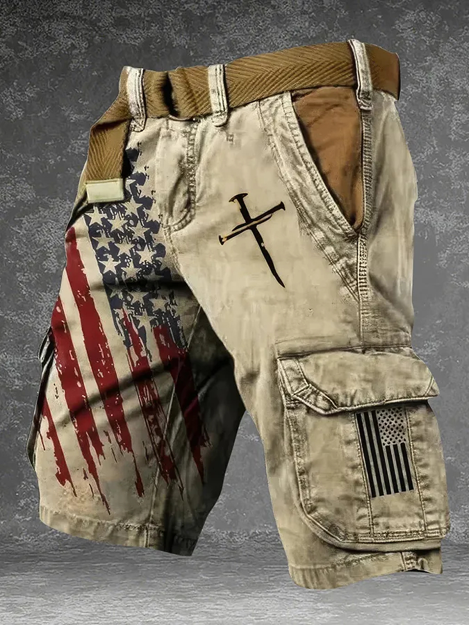 Patriotic Distressed Cargo Shorts, USA Flag Cross Graphic Multi-Pocket Casual Shorts