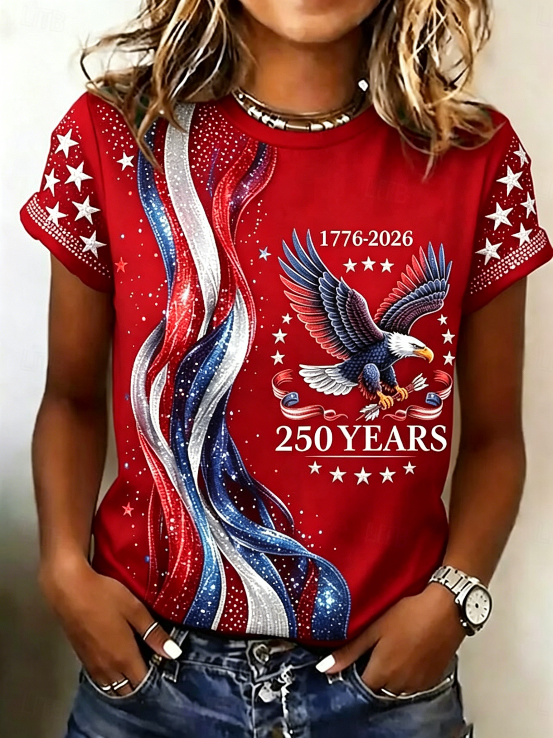 Women’s Patriotic Eagle & Flag Print T-Shirt, 250th Anniversary Top, Multiple Colors Available