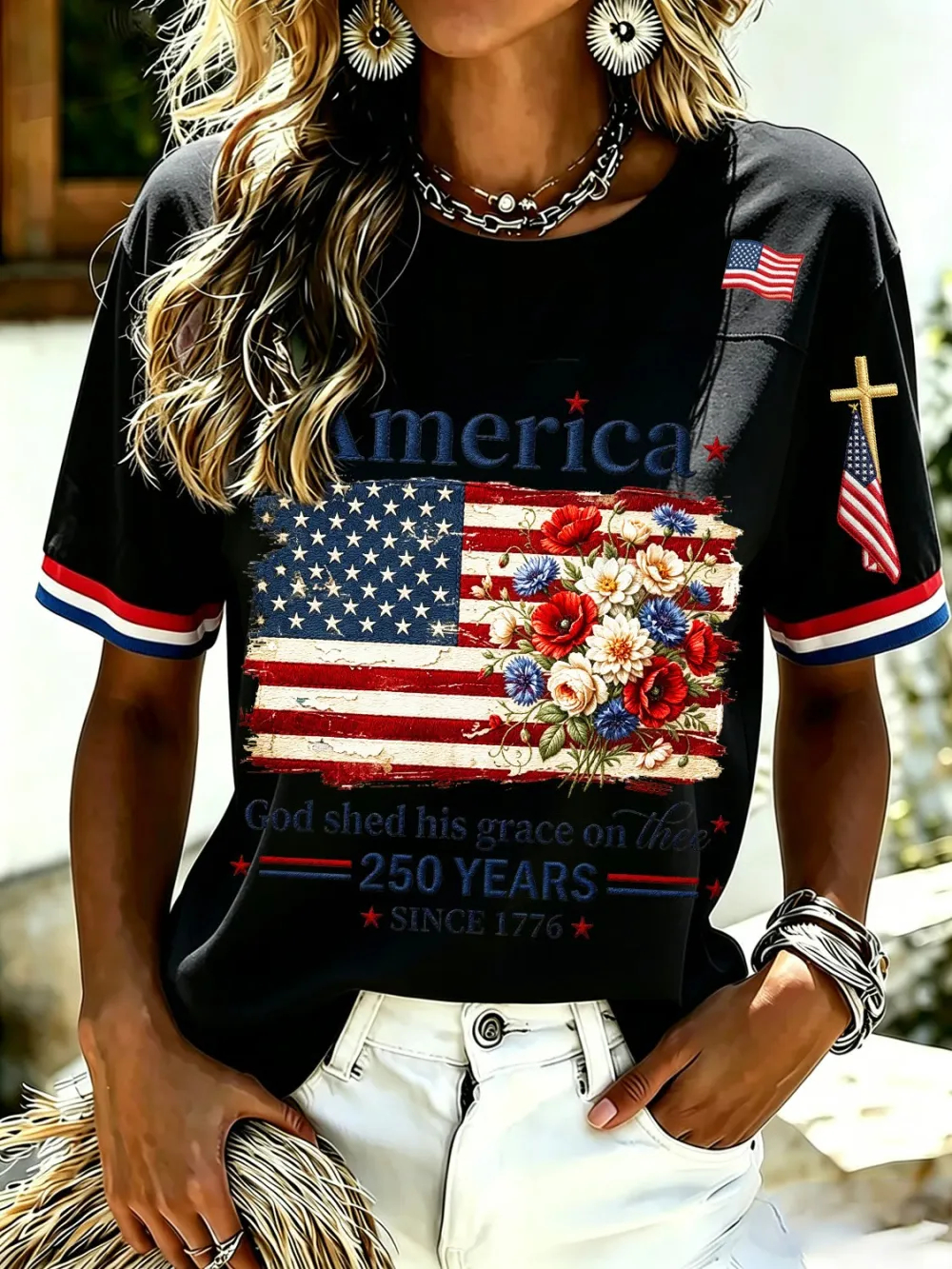 Women’s Patriotic 4th of July T-Shirt - America Floral Flag Print, God Shed His Grace on Thee, 250 Years Since 1776 Casual Tee