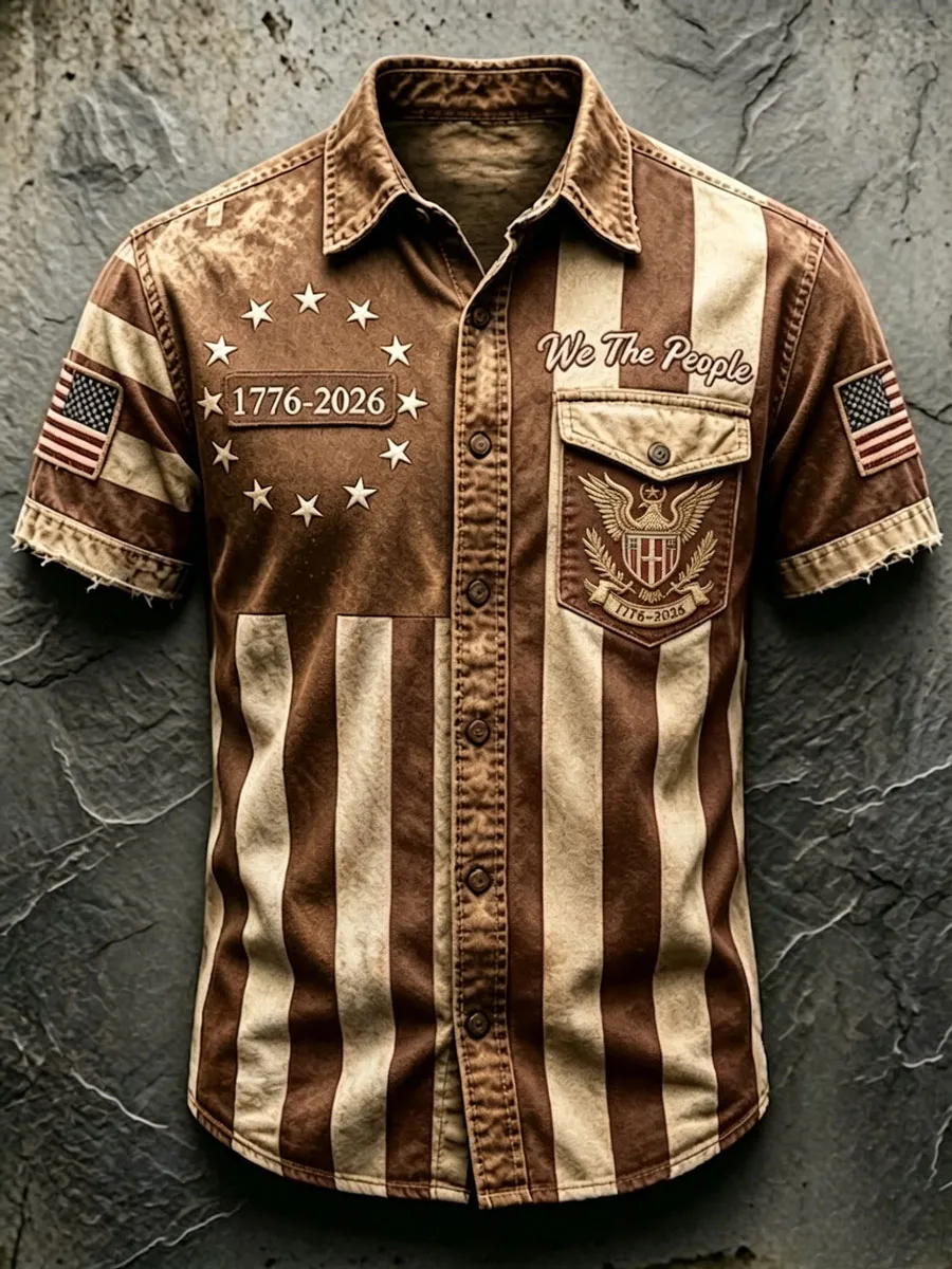 Men's USA 250th Anniversary 1776-2026 Vintage Flag Print Short-Sleeve Button-Down Shirt - "We The People" Eagle Graphic