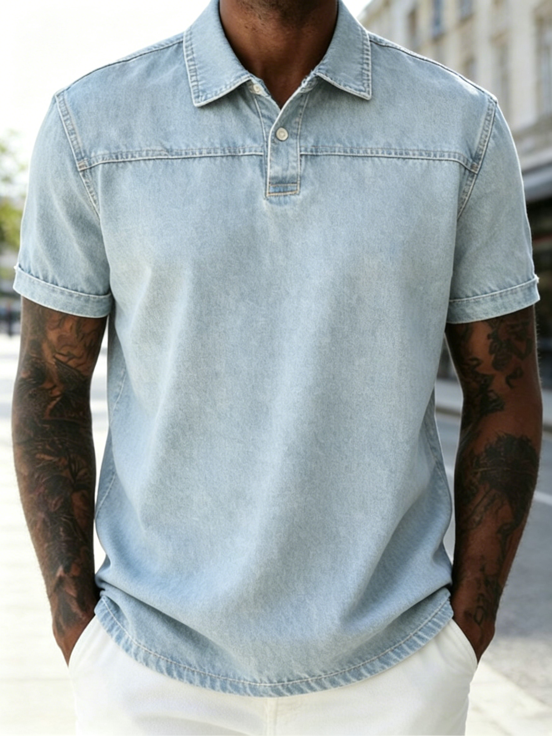 Casual Streetwear Vintage Distressed Denim Short Sleeve Polo Shirt for Men