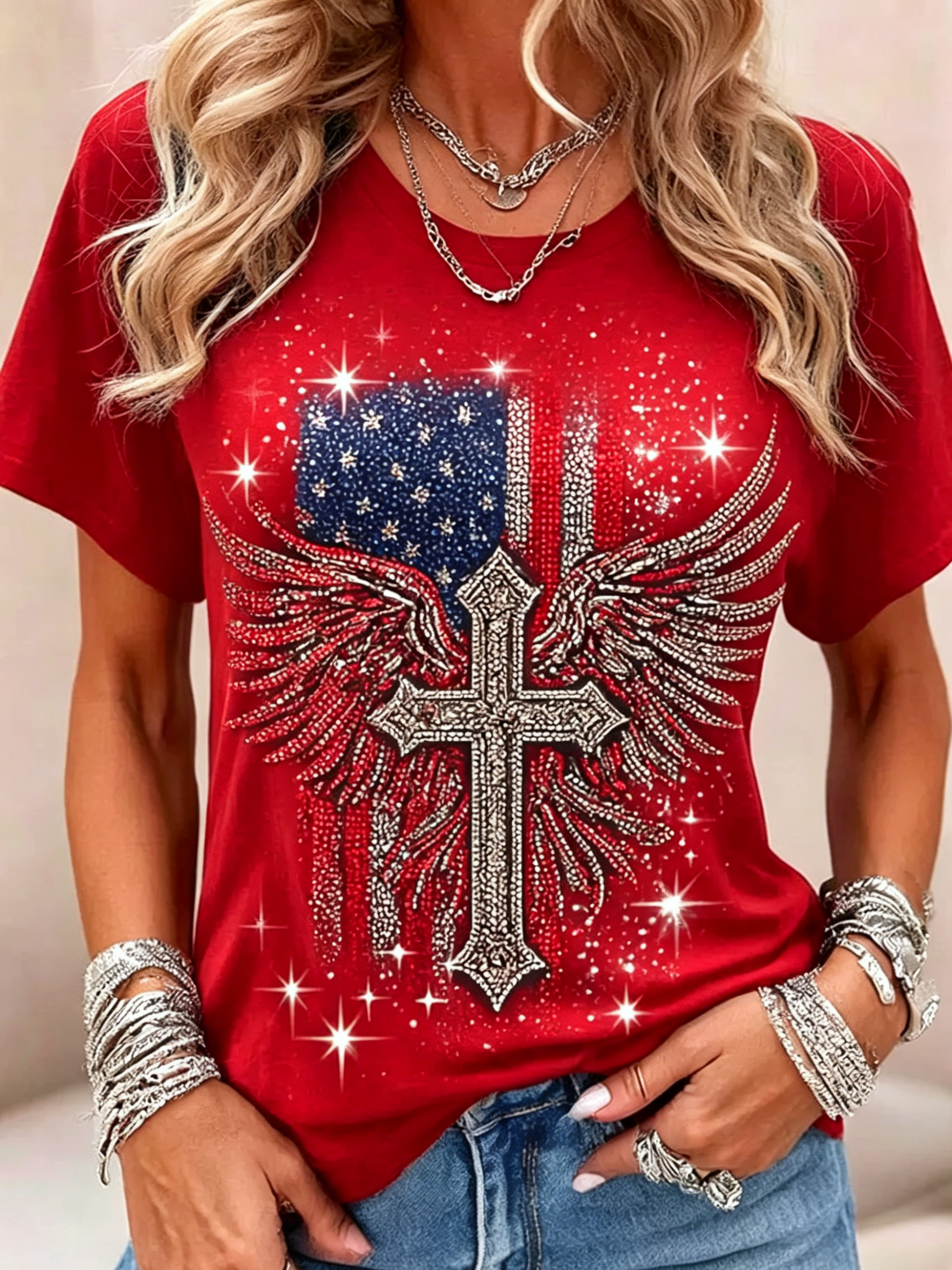 Patriotic 4th of July Outfit Women Sparkly Rhinestone Cross Wing Flag Printed Crew Neck Short Sleeve Casual Tee