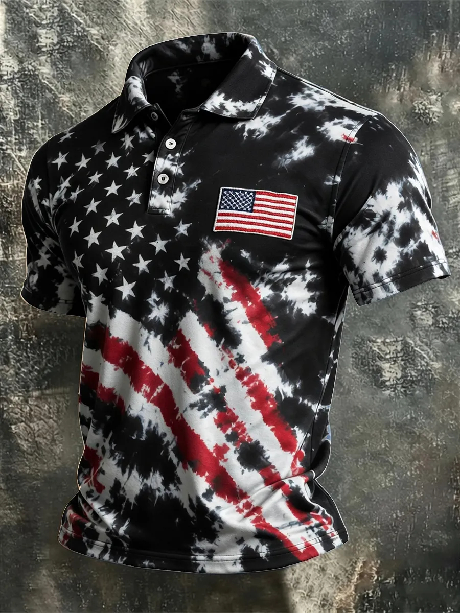 [Copy]Men's Vintage USA Flag 1776-2026 Short-Sleeve Button-Down Shirt - Patriotic "We The People" Print