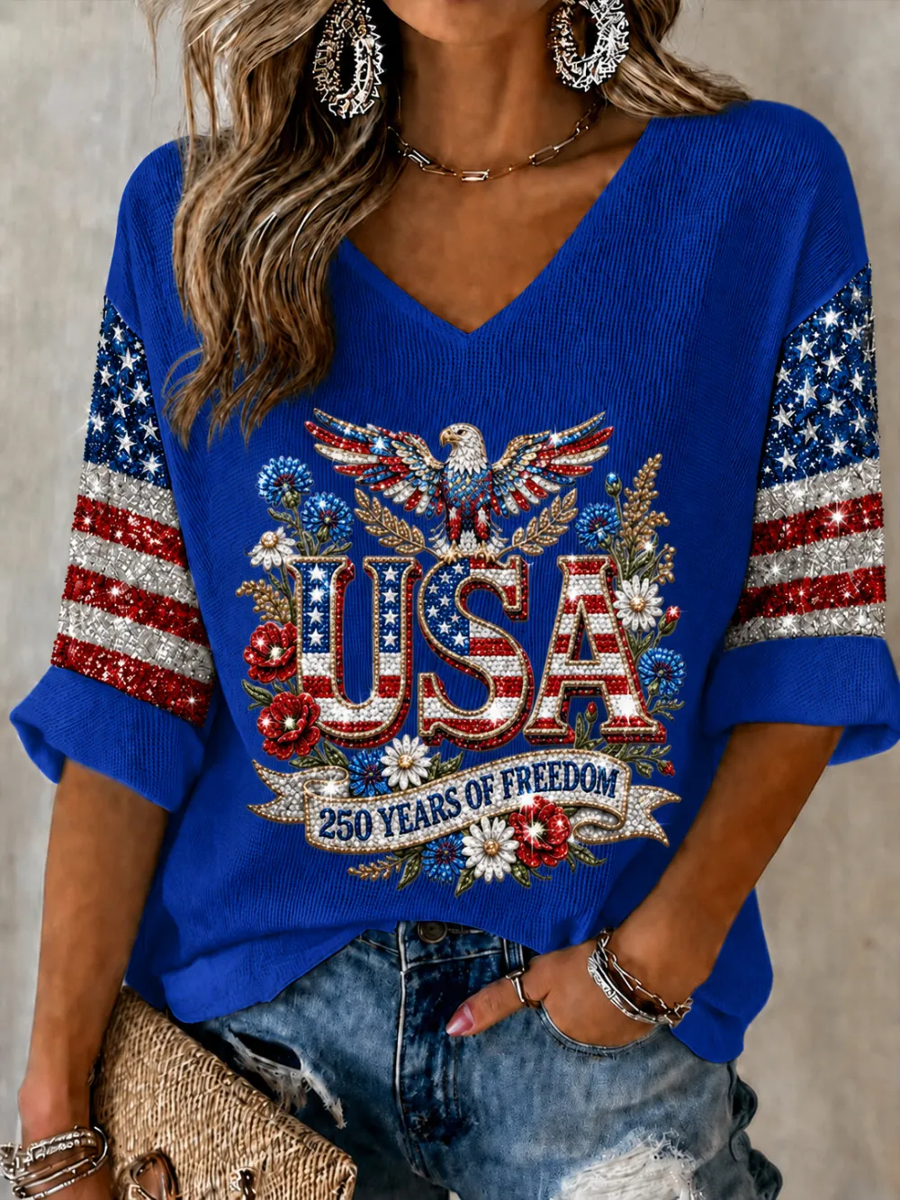 Women's USA 250th Anniversary "250 Years of Freedom" Eagle Print 3/4 Sleeve V-Neck Top