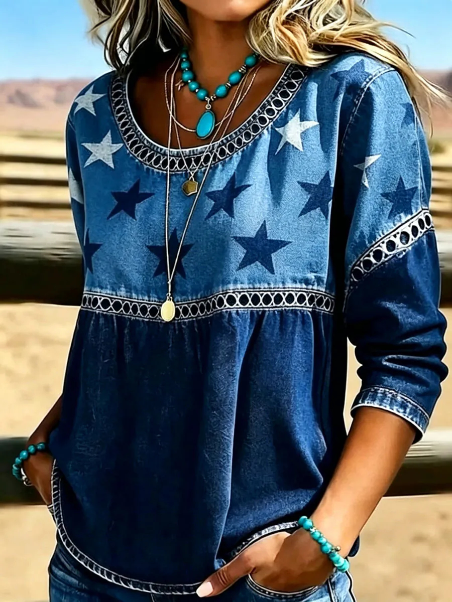 Western Star Denim Tunic Top | Boho Style Casual Long Sleeve Blouse