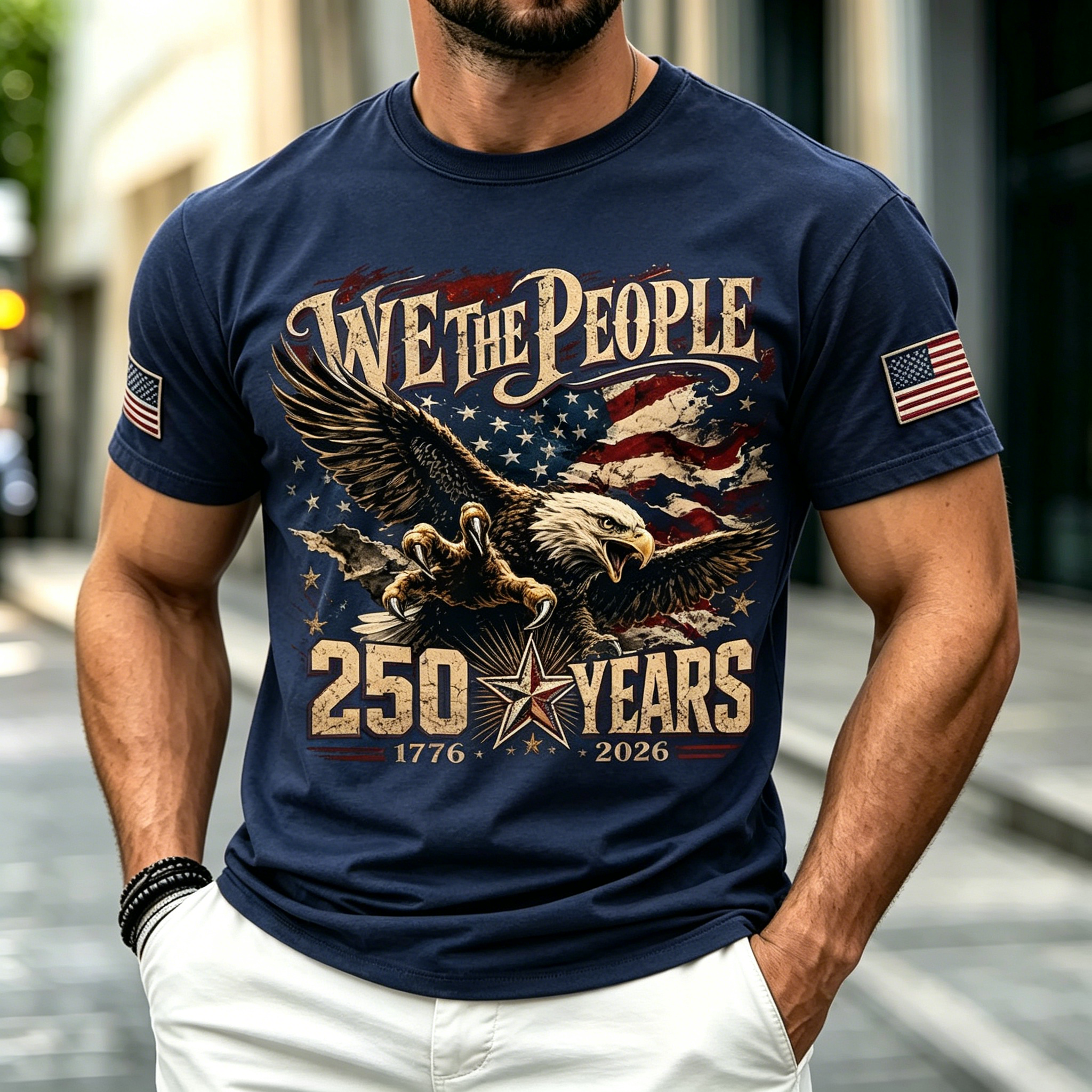 Men We The People Eagle American Flag Patriotic Short Sleeve Crew Neck Casual T-Shirt