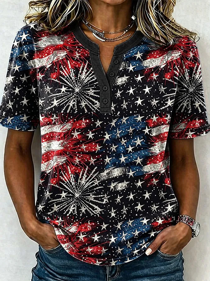 Women's Patriotic Fireworks & Star Print Henley T-Shirt