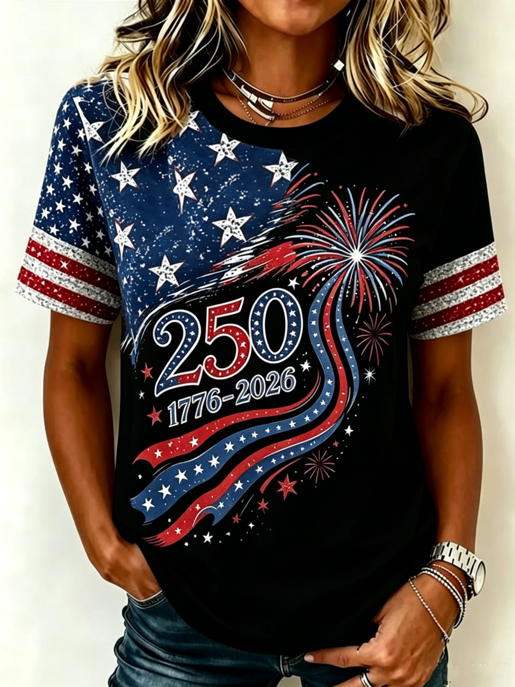 Vintage Distressed Patriotic Celebration Fireworks Printed Raglan Sleeve Women T-Shirt