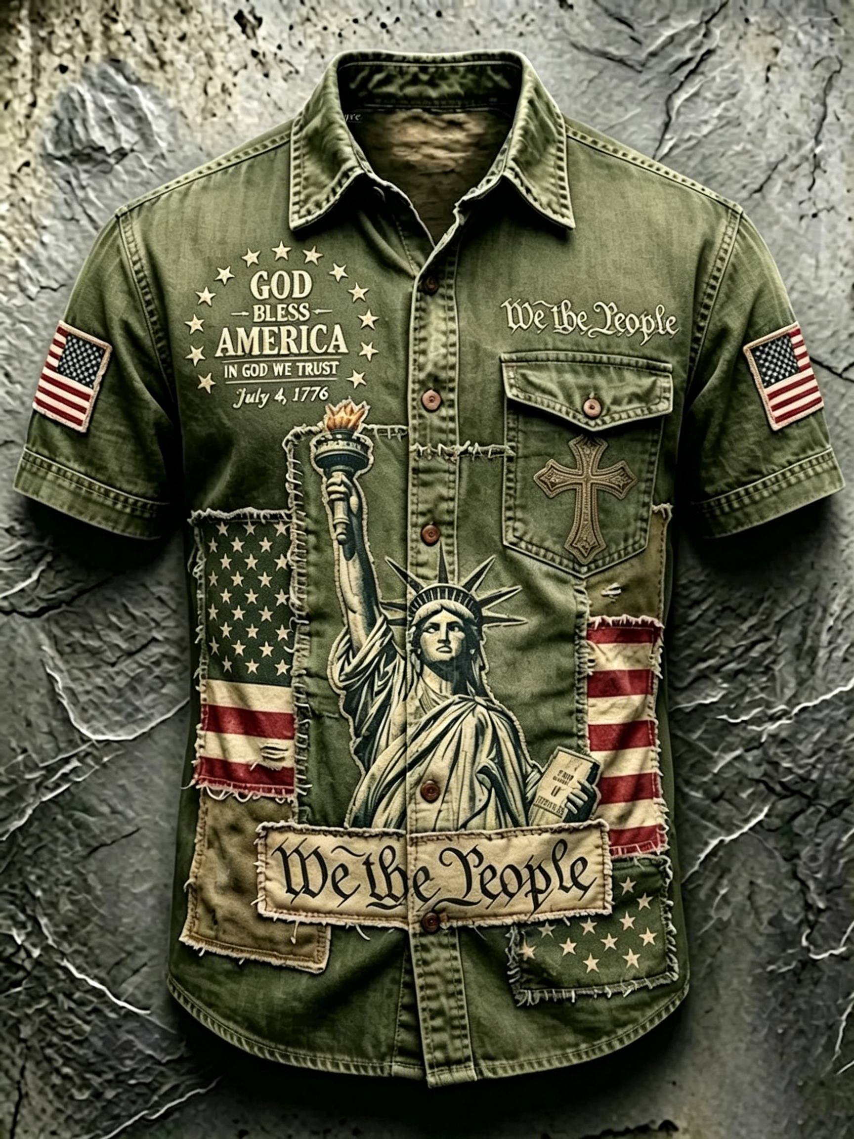 Men's Vintage Statue Of Liberty Flag Graphic Short Sleeve Button Down Denim Shirt