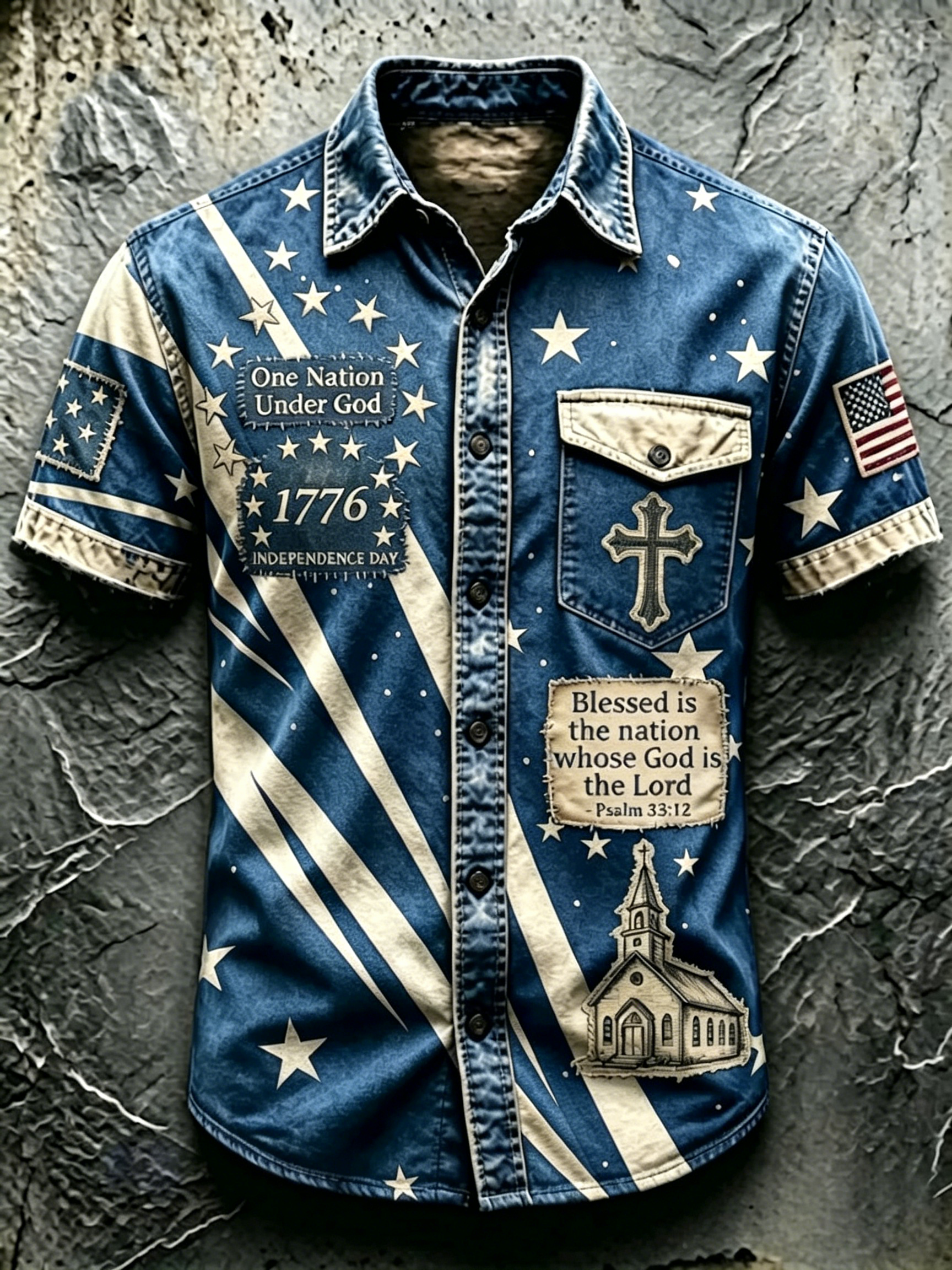 Men Vintage Star Stripe Religious Cross Graphic Short Sleeve Button Down Denim Shirt