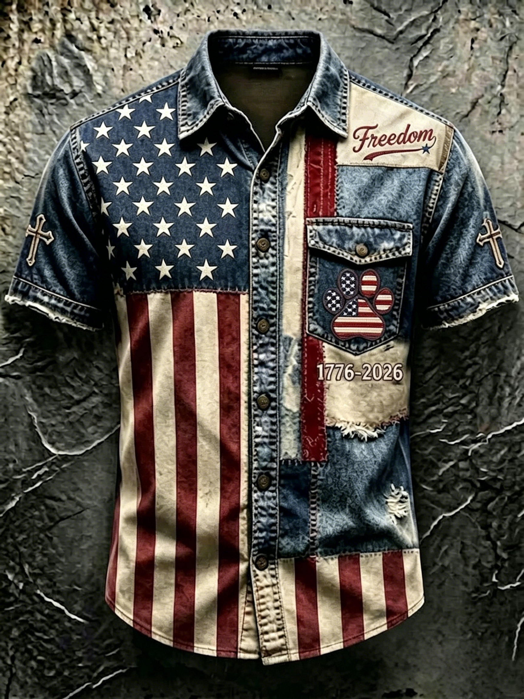 [Copy]Frayed Edge Camo Patriotic Letter Print Lapel Collar Casual Denim Shirt For Men