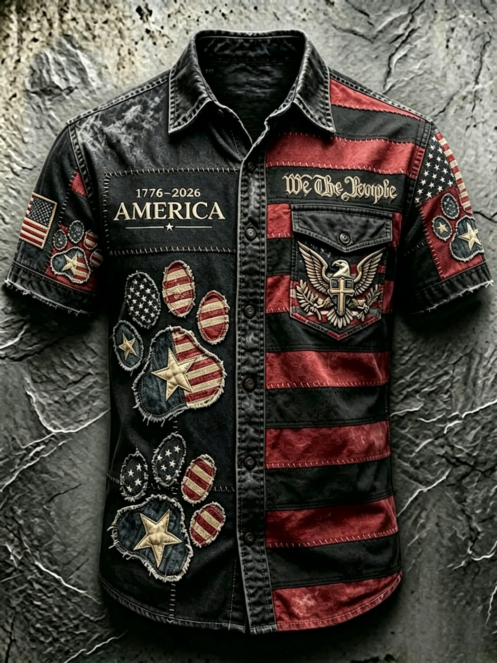 Frayed Edge Color Block Flag Patchwork Casual Denim Shirt For Men