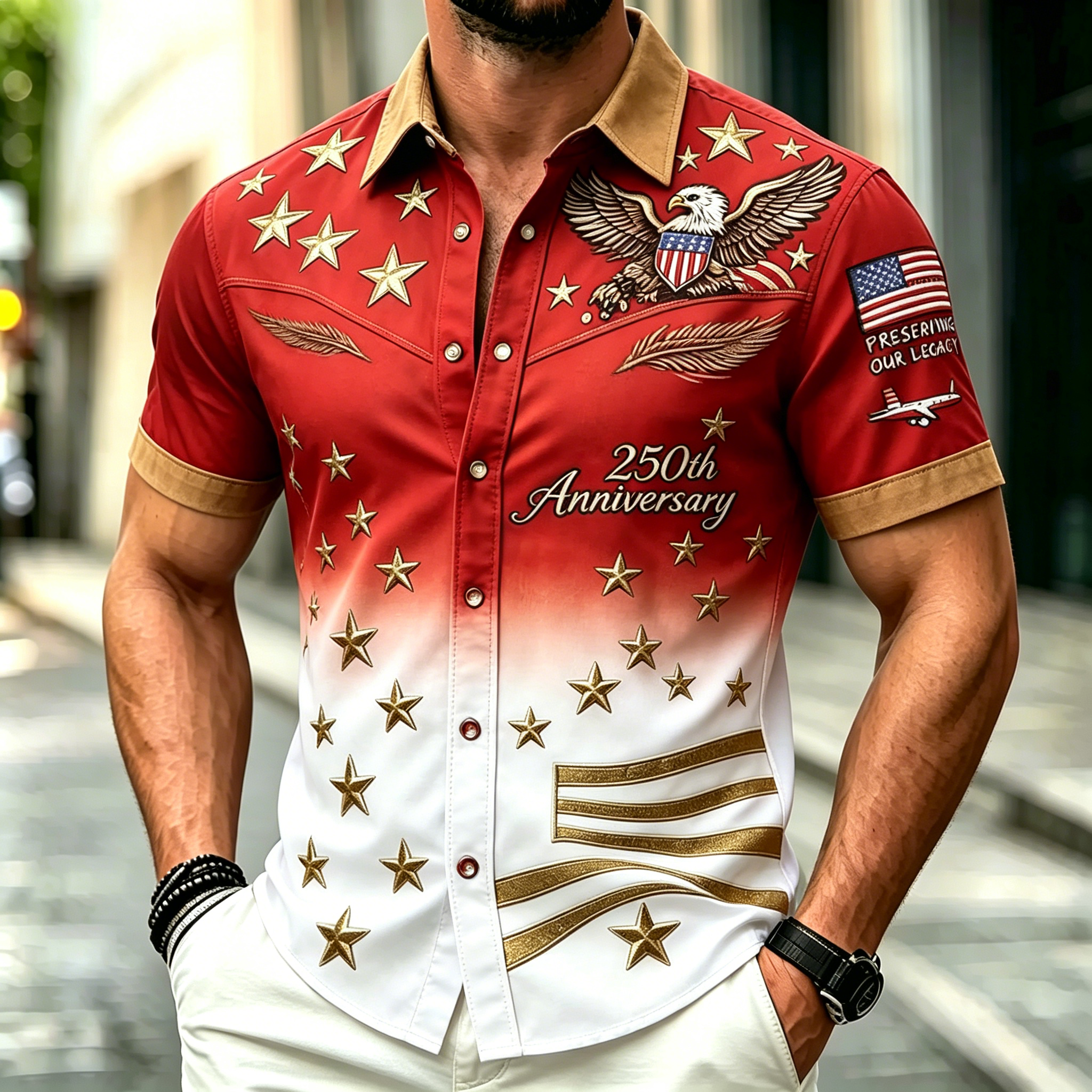 Men Gradient Eagle Star USA Flag 250th Anniversary Short Sleeve Button Down Shirt