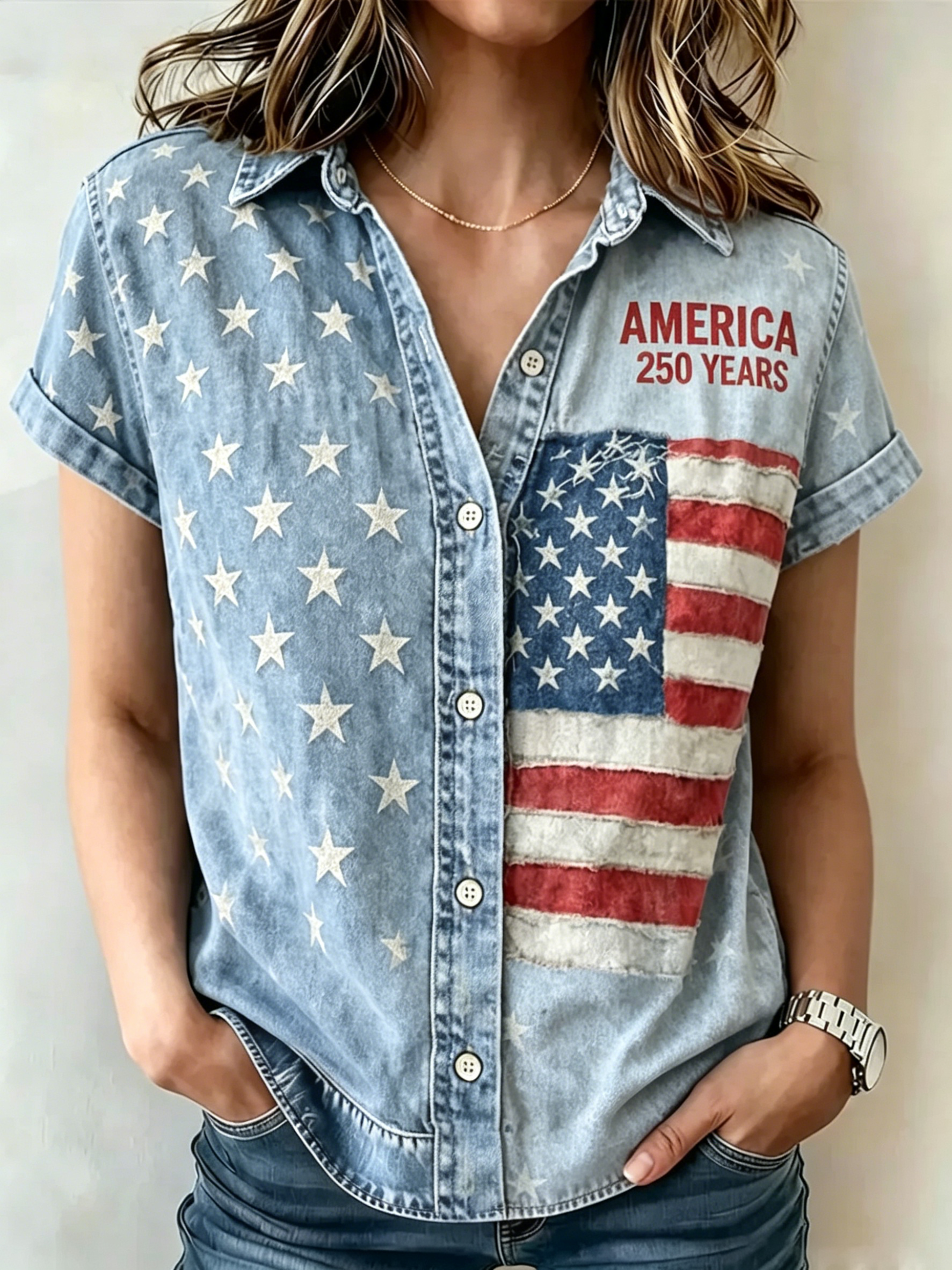 Distressed USA Flag Pocket Casual Streetwear Women Button Down Blouse
