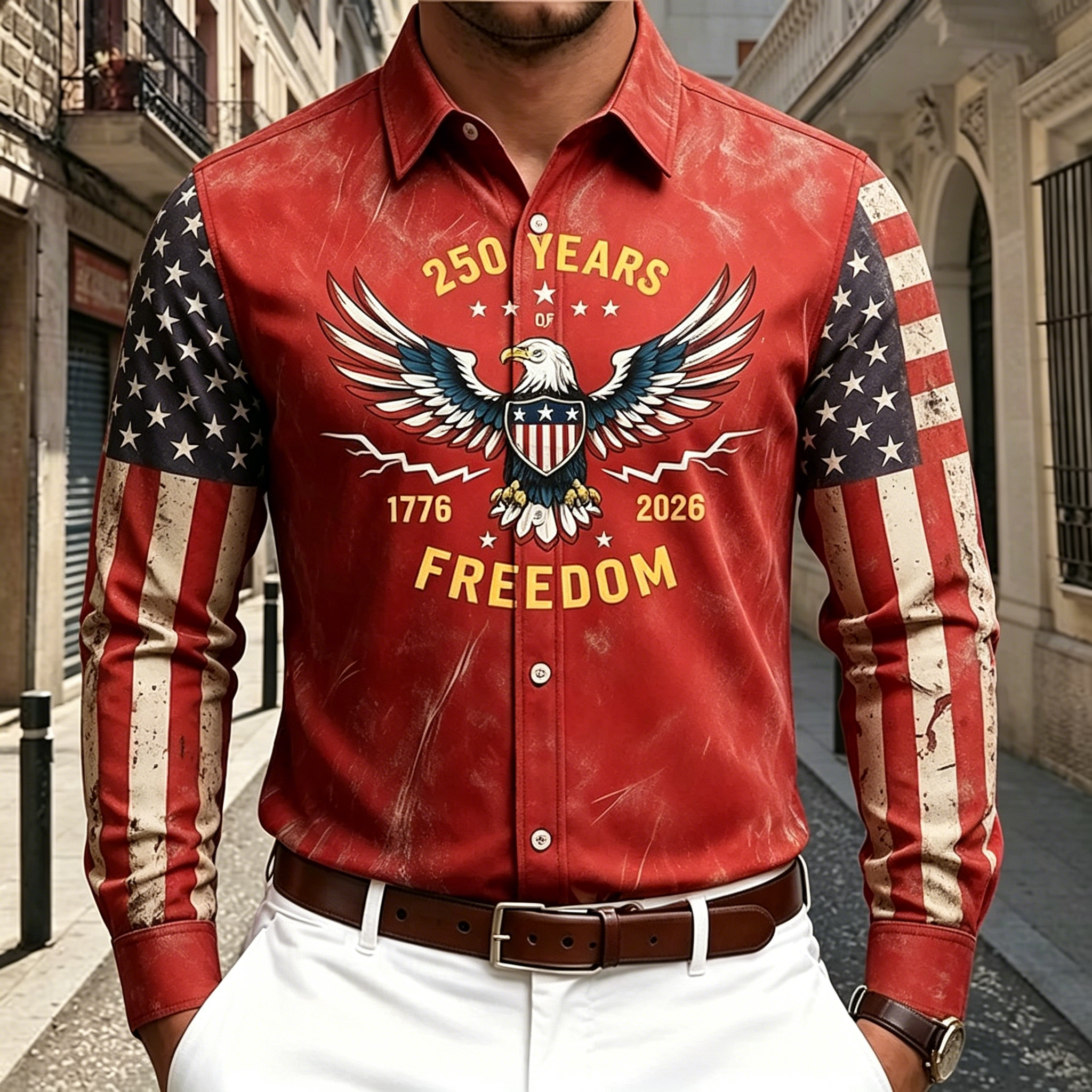 Patriotic Eagle Freedom Lettering Color Block Sleeve Collared Casual Shirt