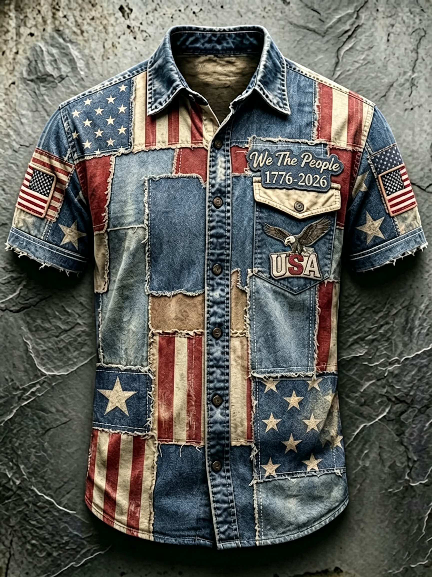 Distressed Retro Patriotic Graphic Lapel Pocket Short Sleeve Shirt For Men Daily Outdoor Casual Wear