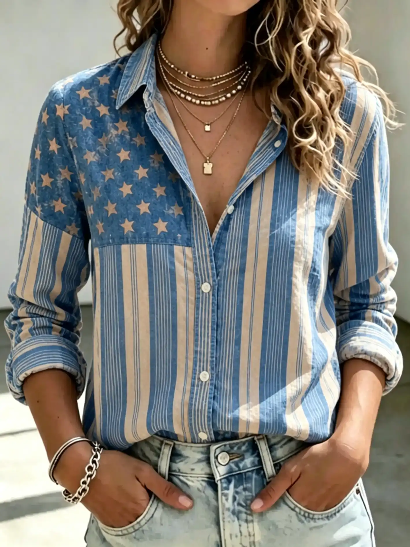 Women's Vintage Floral USA Flag Print Long Sleeve Button Down Shirt