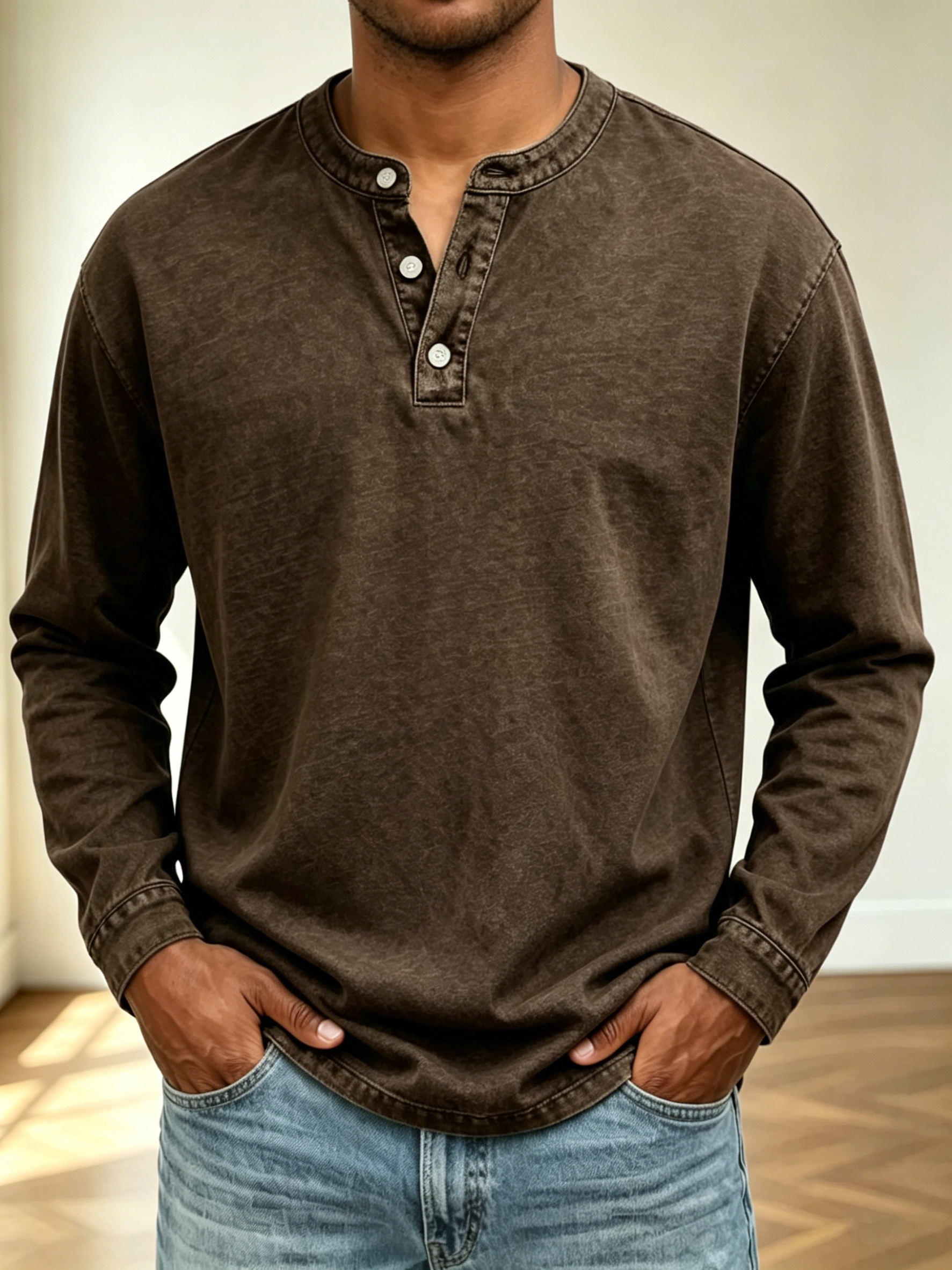 Men Vintage Washed Denim Henley Raglan Long Sleeve Casual Pullover Shir