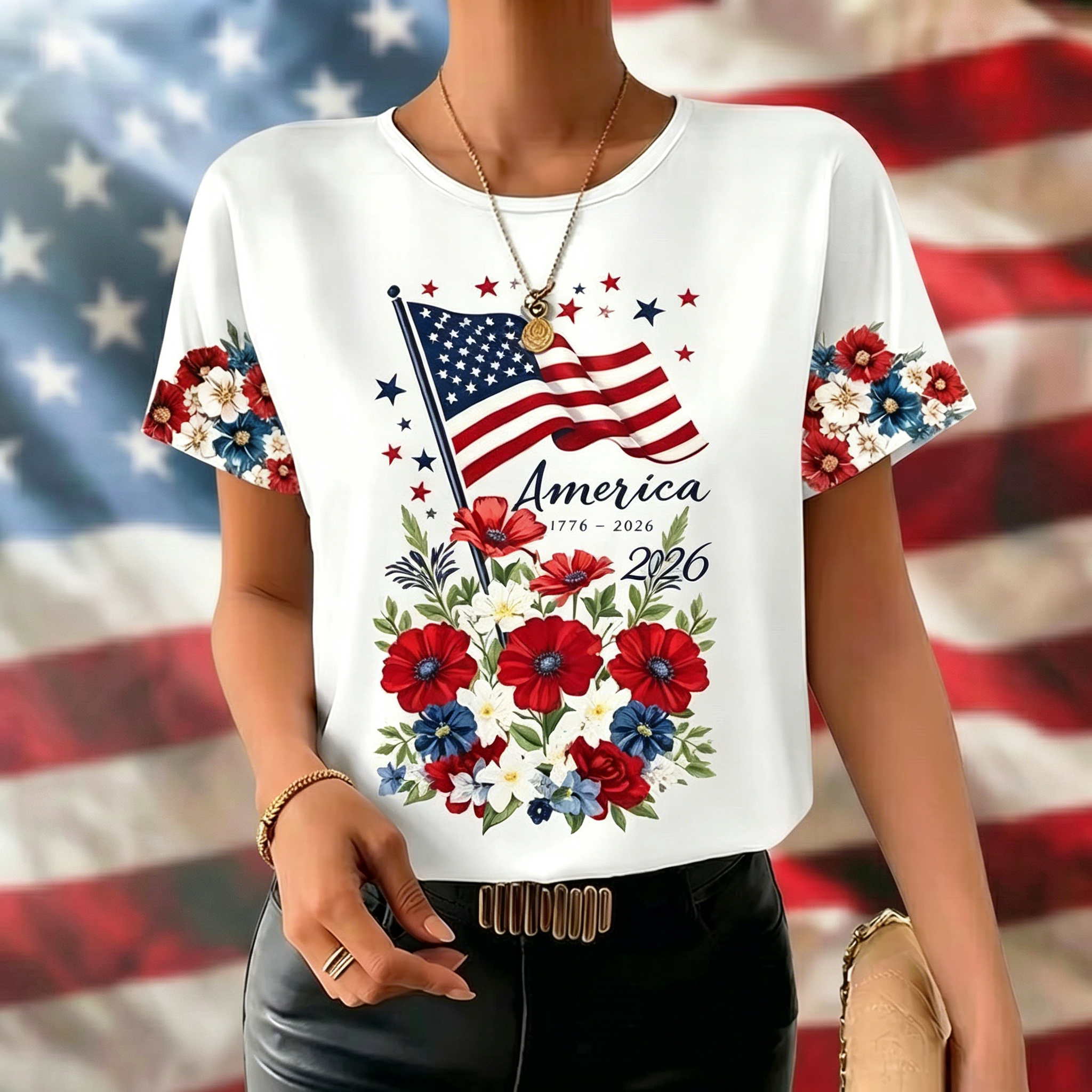 250th Anniversary USA Flag Flower Print Crew Neck Summer T‑Shirt