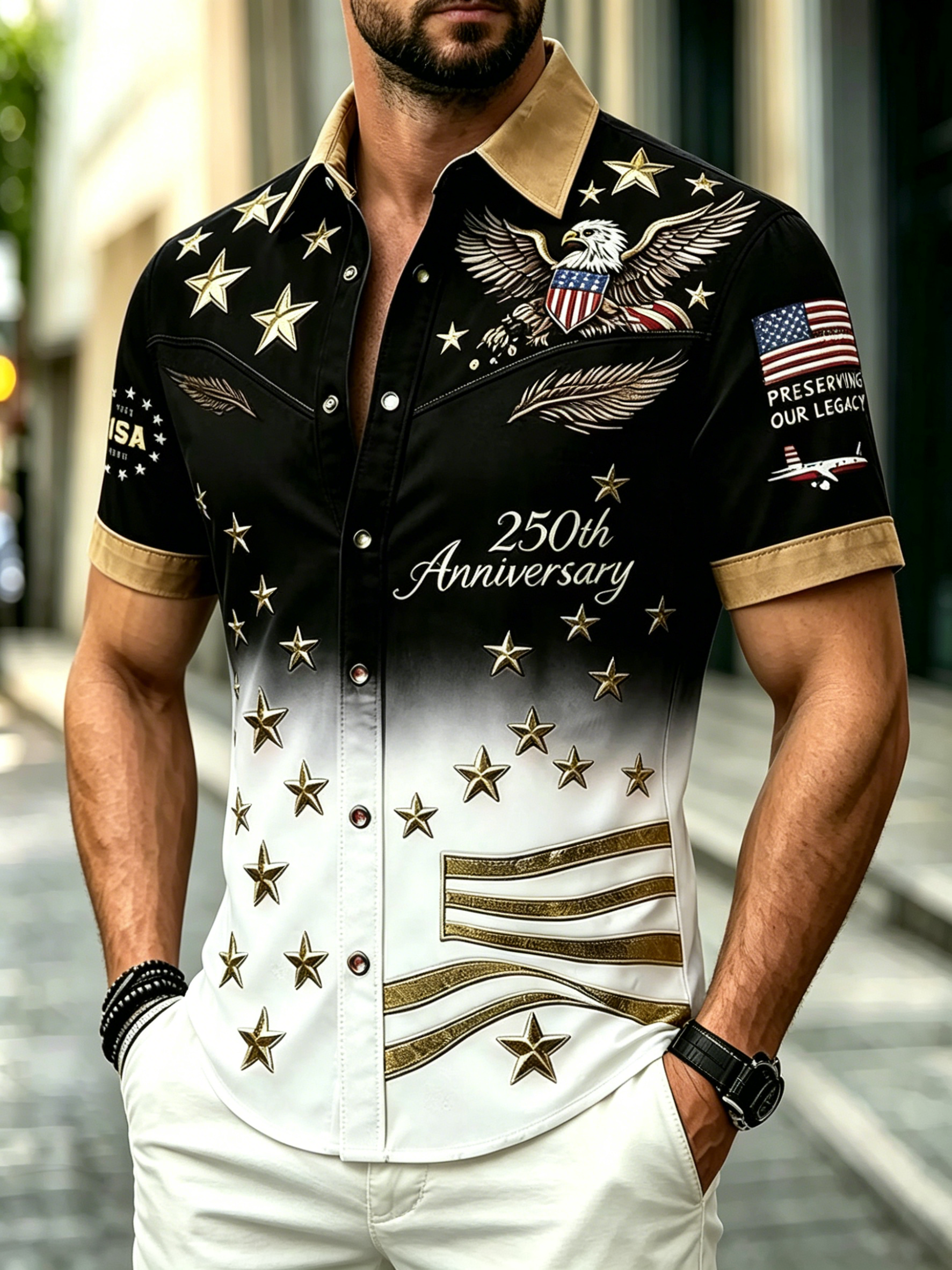 Men Gradient Eagle Star USA Flag 250th Anniversary Short Sleeve Button Down Shirt