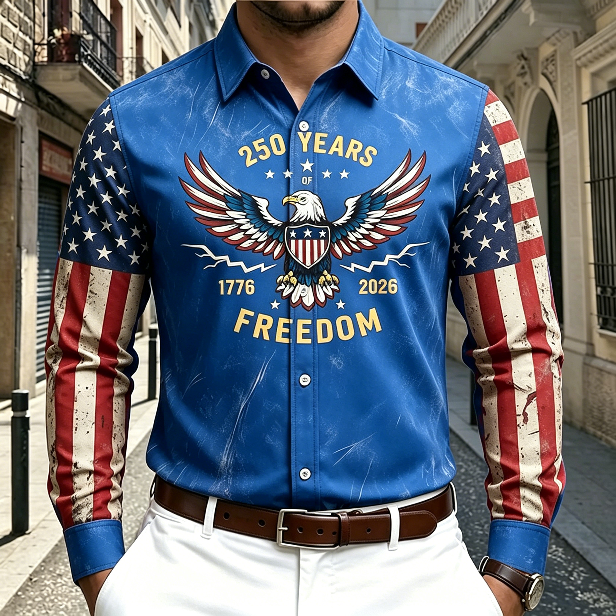Patriotic Eagle Freedom Lettering Color Block Sleeve Collared Casual Shirt
