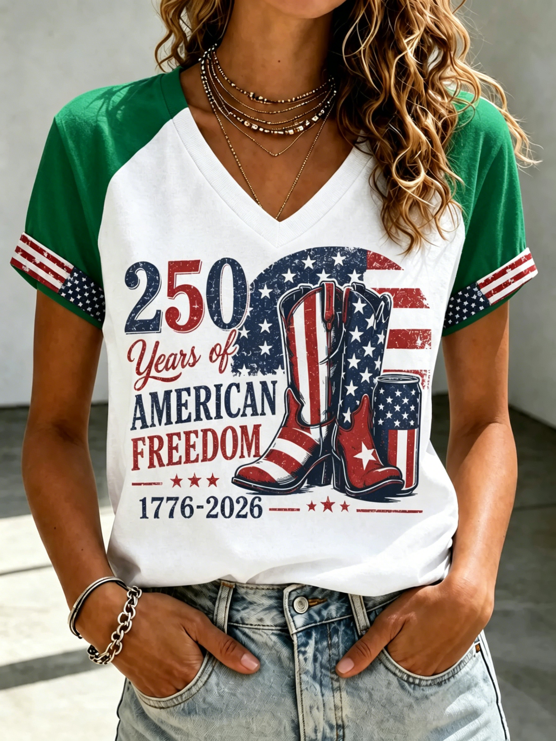 Women's 250 Years of American Freedom Cowboy Boots Print Raglan V Neck Short Sleeve Tee