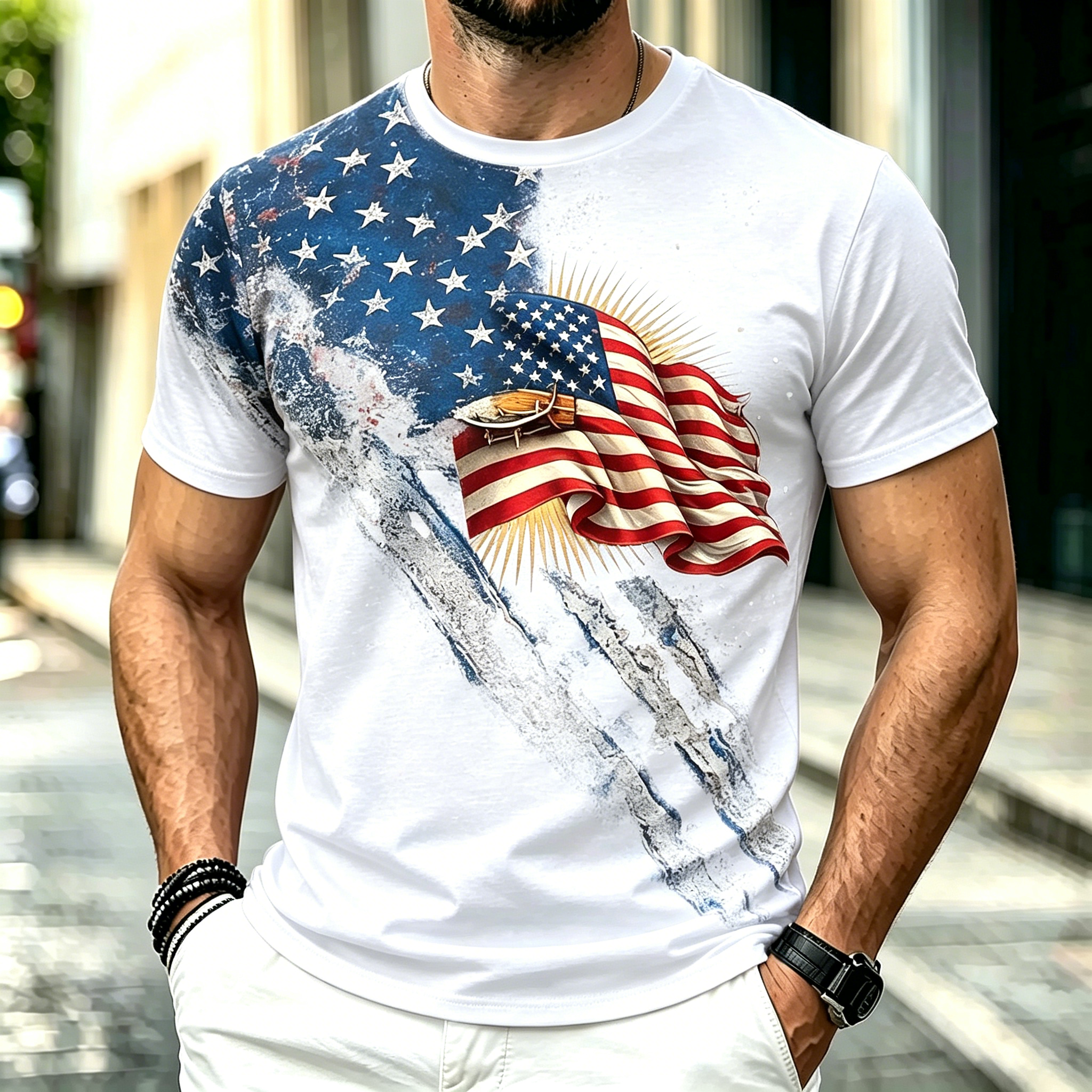 Vintage Waving USA Flag Independence Day Casual Crewneck