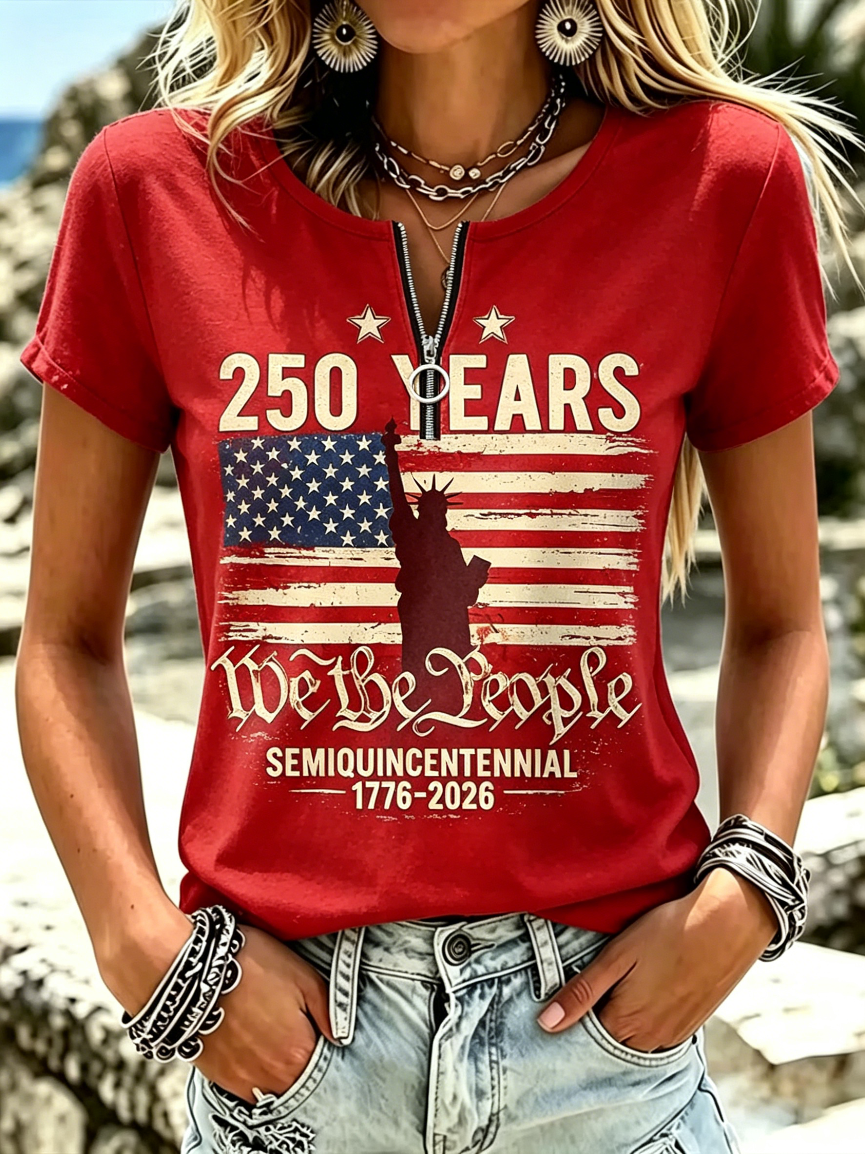 Retro American Flag Statue of Liberty Graphic Short Sleeve Holiday Women T-Shirt