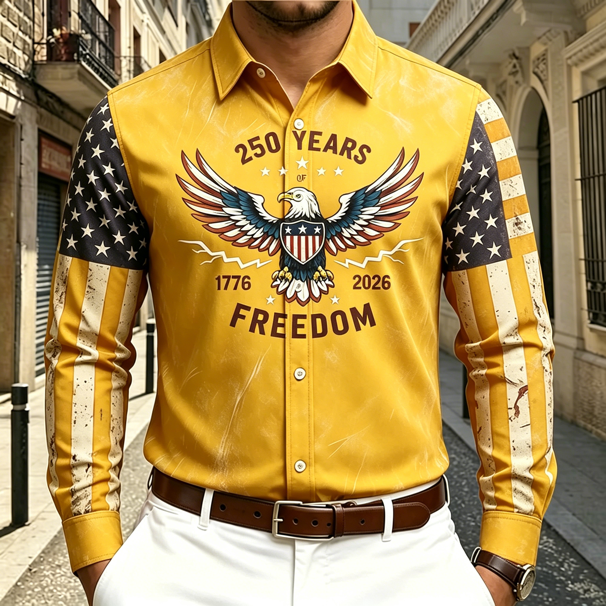 Patriotic Eagle Freedom Lettering Color Block Sleeve Collared Casual Shirt