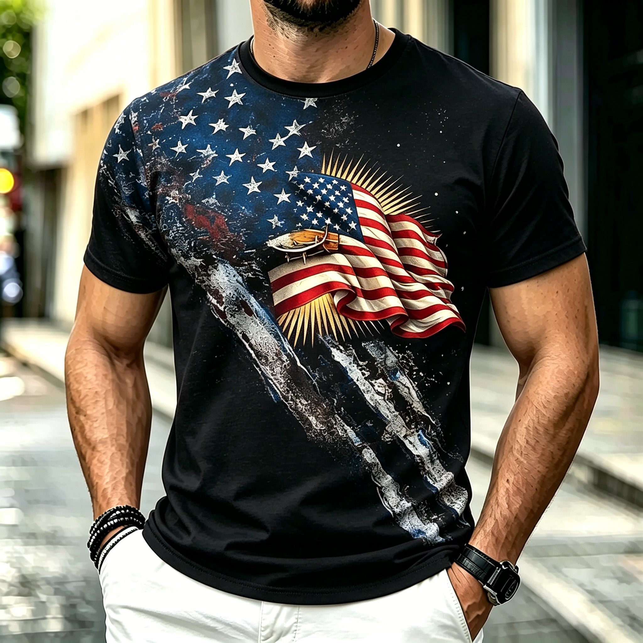 Retro Cross & Lion American Flag Independence Day Casual Top